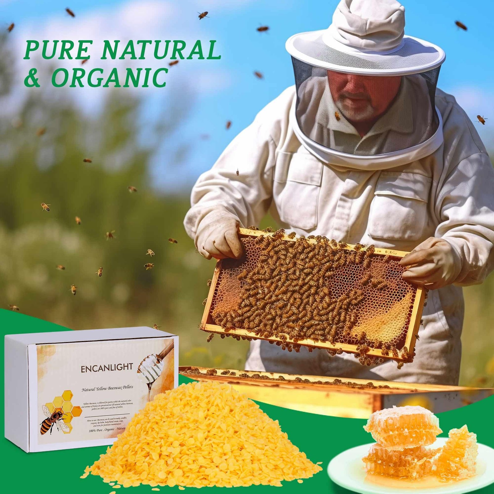 ENCANLIGHT Beeswax Pellets, 1LB Organic Bees Wax Pastilles yellow 1LB,