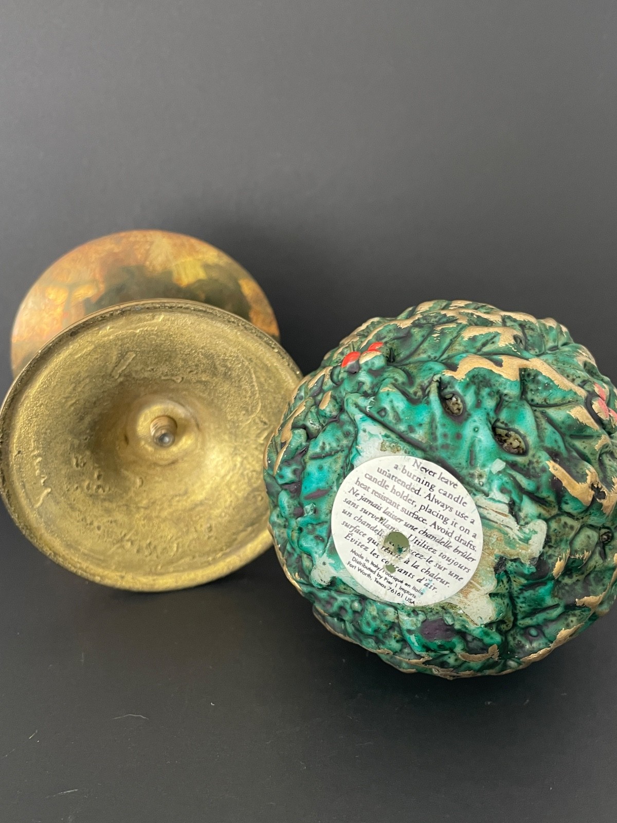 Pier One Christmas Holly Berry Ball Textured Sphere Candle w/Brass Holder