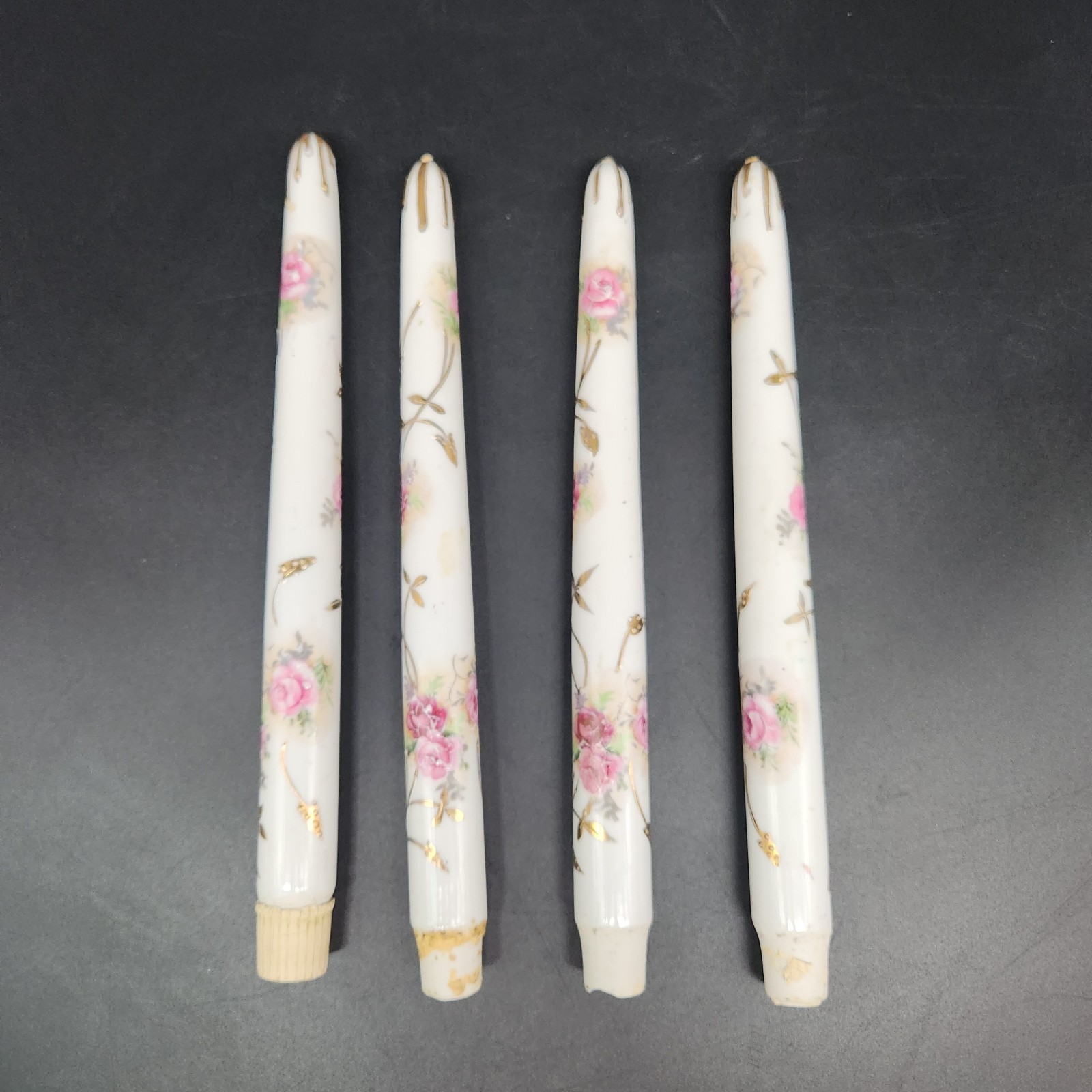 Set of 4 Antique? Porcelain Faux Taper Candles Hand Painted Floral Gold Accents
