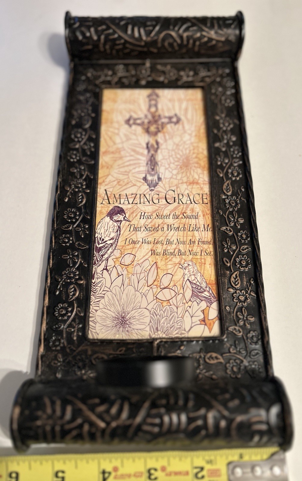 Amazing Grace Light Weight Metal Votive Wall Sconce 5 3/4”x 13” Birds Cross