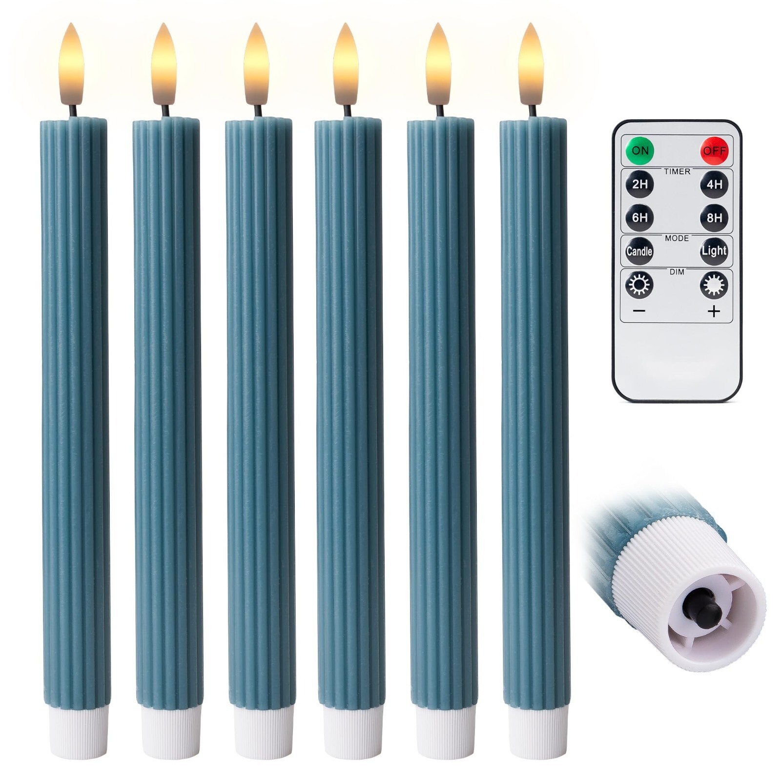 10″ Fluted Ribbed LED Blue Grooved Pillar Candles Remote & 24h Timer Memory