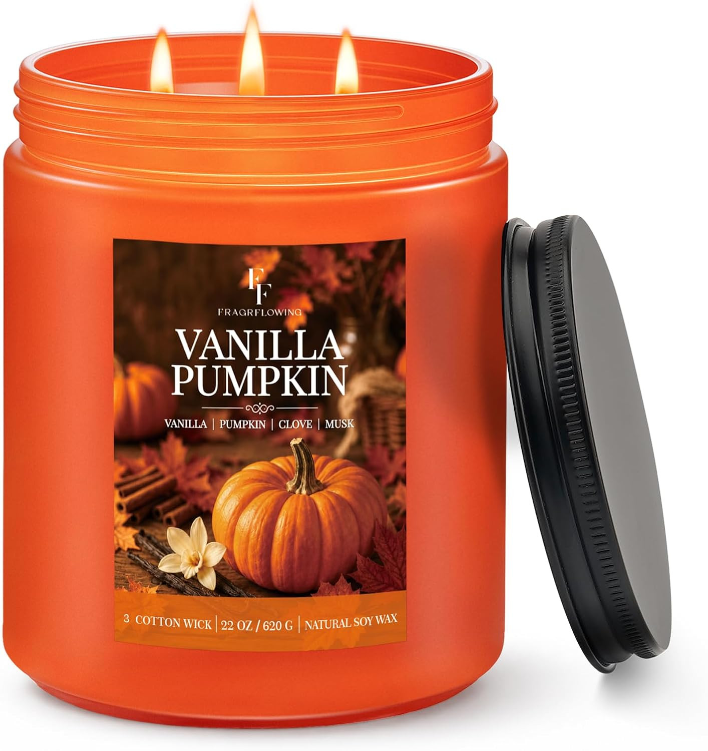 Large Fall Candle Vanilla Pumpkin Scented, 3-Wick 22Oz Long Lasting | Soy Wax