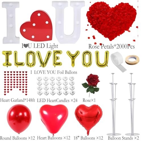 Romantic Bedroom Decor Set – 2000 Rose Petals, Candles, LED Love Sign & Heart Ba