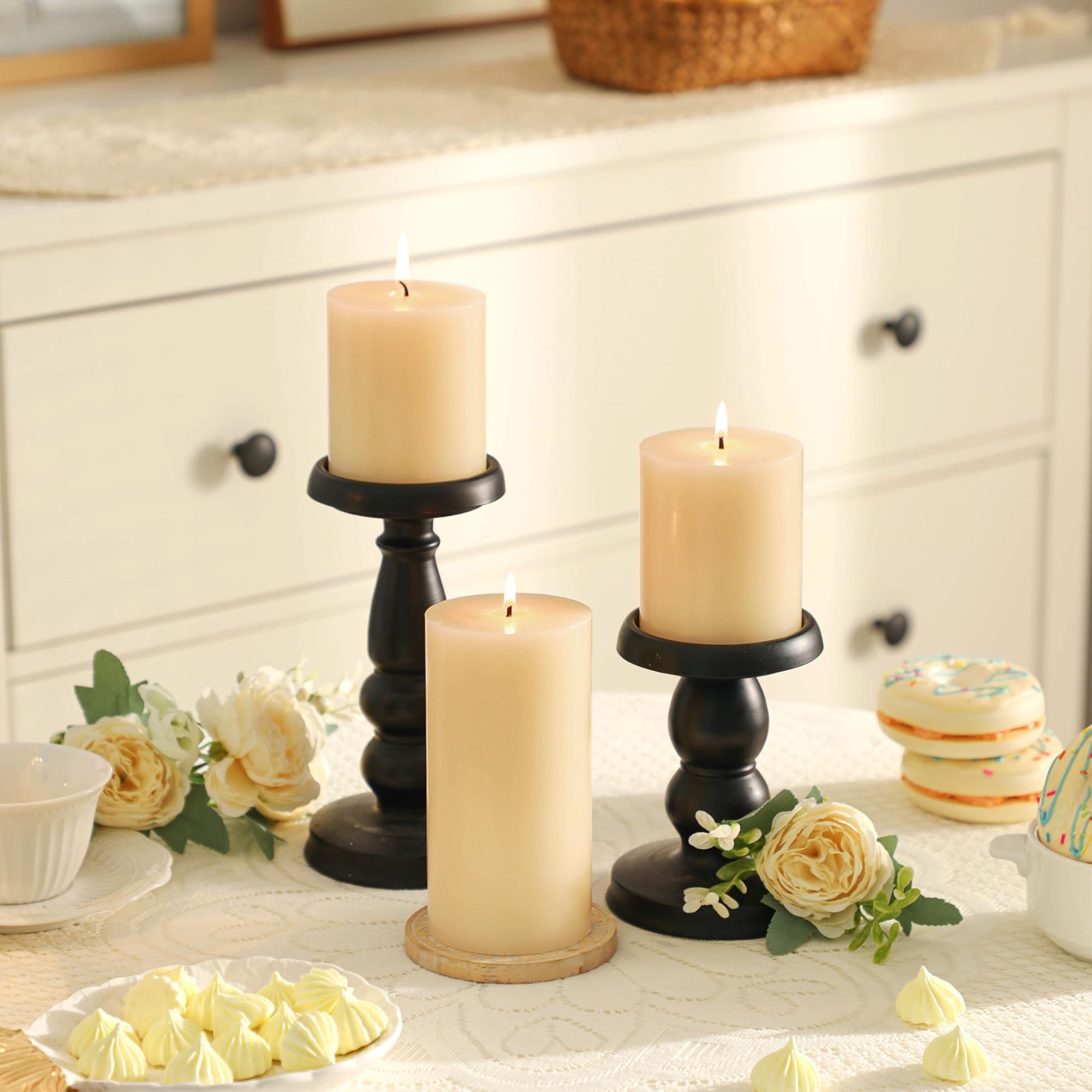 Set of 3 Ivory Pillar Candles 3×6 Inch – Unscented, Long Burning, Dripless for W
