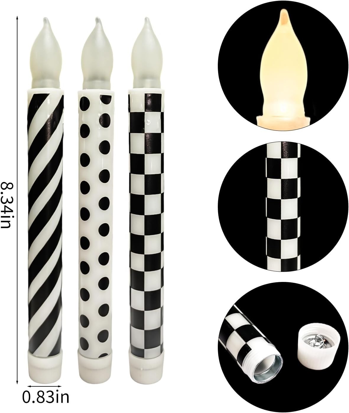 3 New 8.3″ Childs Courtly Check Flicker Dinner Taper Flameless Candles w/ Remote