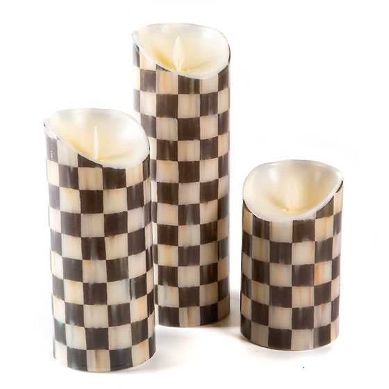 MacKenzie Childs Set of 3 Pillar Flicker Candles COURTLY CHECK 5″, 7″, 9″
