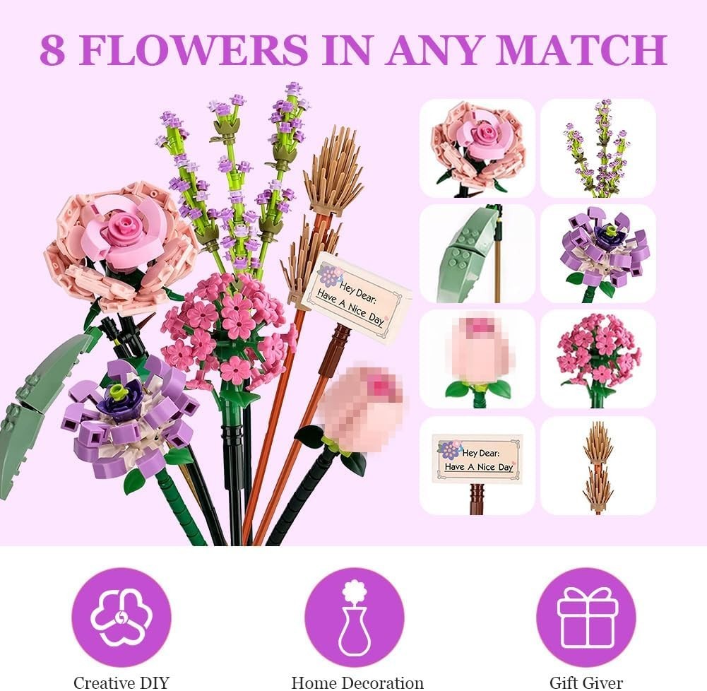 NEW!FULL SET Flower Bouquet 7 Stems Building Kit Botanical Collection 547 pieces