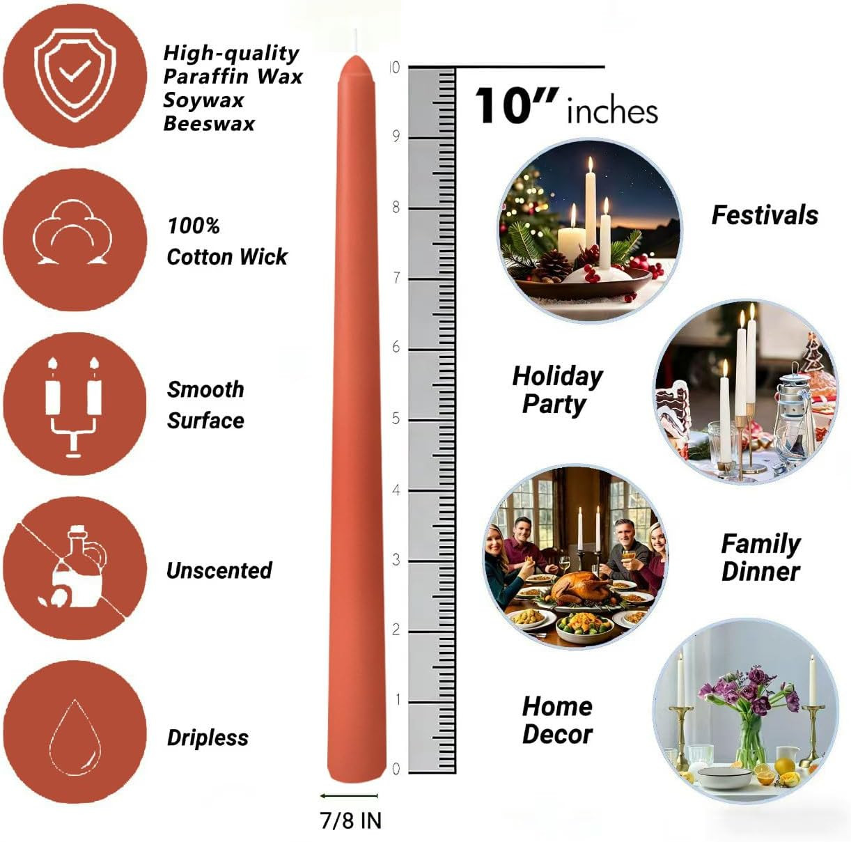 20-Pack Burnt Orange Taper Candles Unscented, 10 Inch Tall Dinner Table