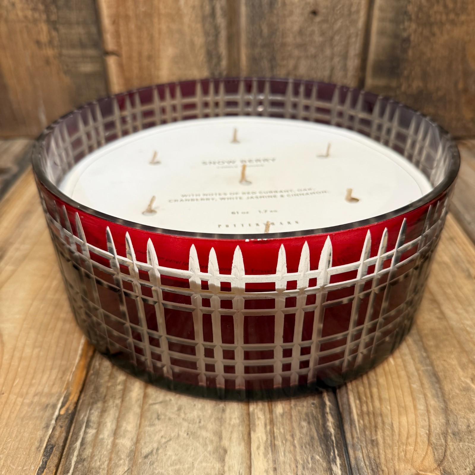 POTTERY BARN STEWART PLAID CANDLE 7 WICK XL RED ETCHED GLASS – WINTER SNOW BERRY