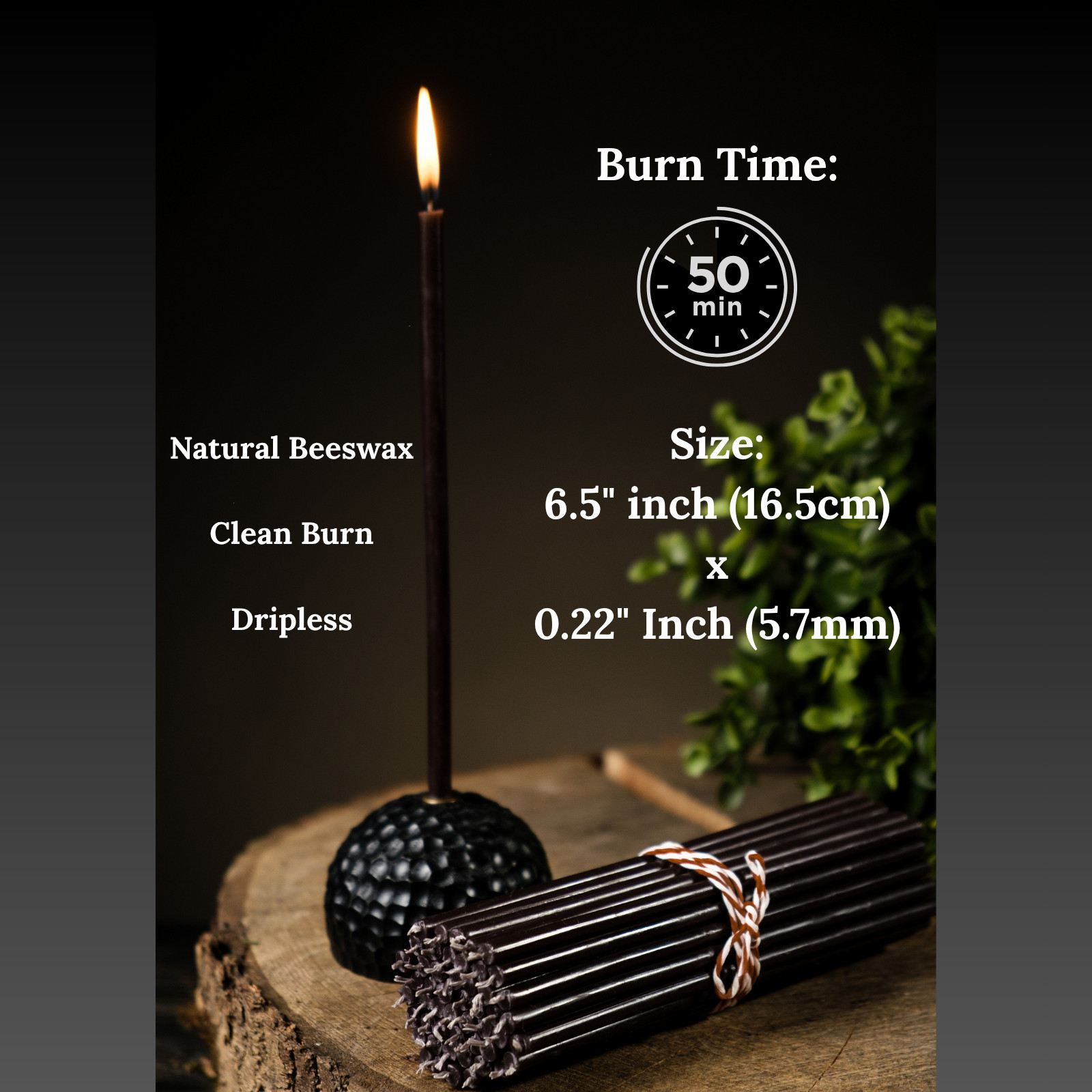Black Beeswax Taper Candles 6.5″ Thin Taper 0.22″ Church Orthodox 50 Min Burn
