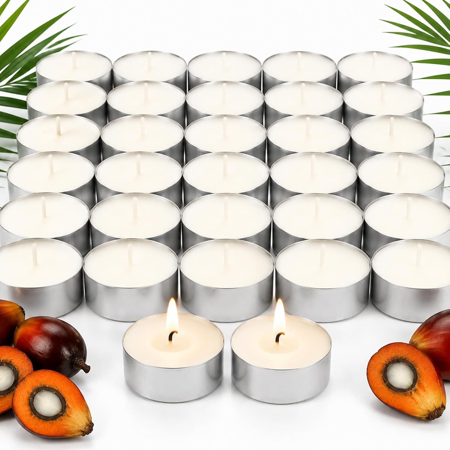 Tea Lights Candles 50 Pack, 4 Hour Burn Time Palm Wax Tealight Candle Bulk for