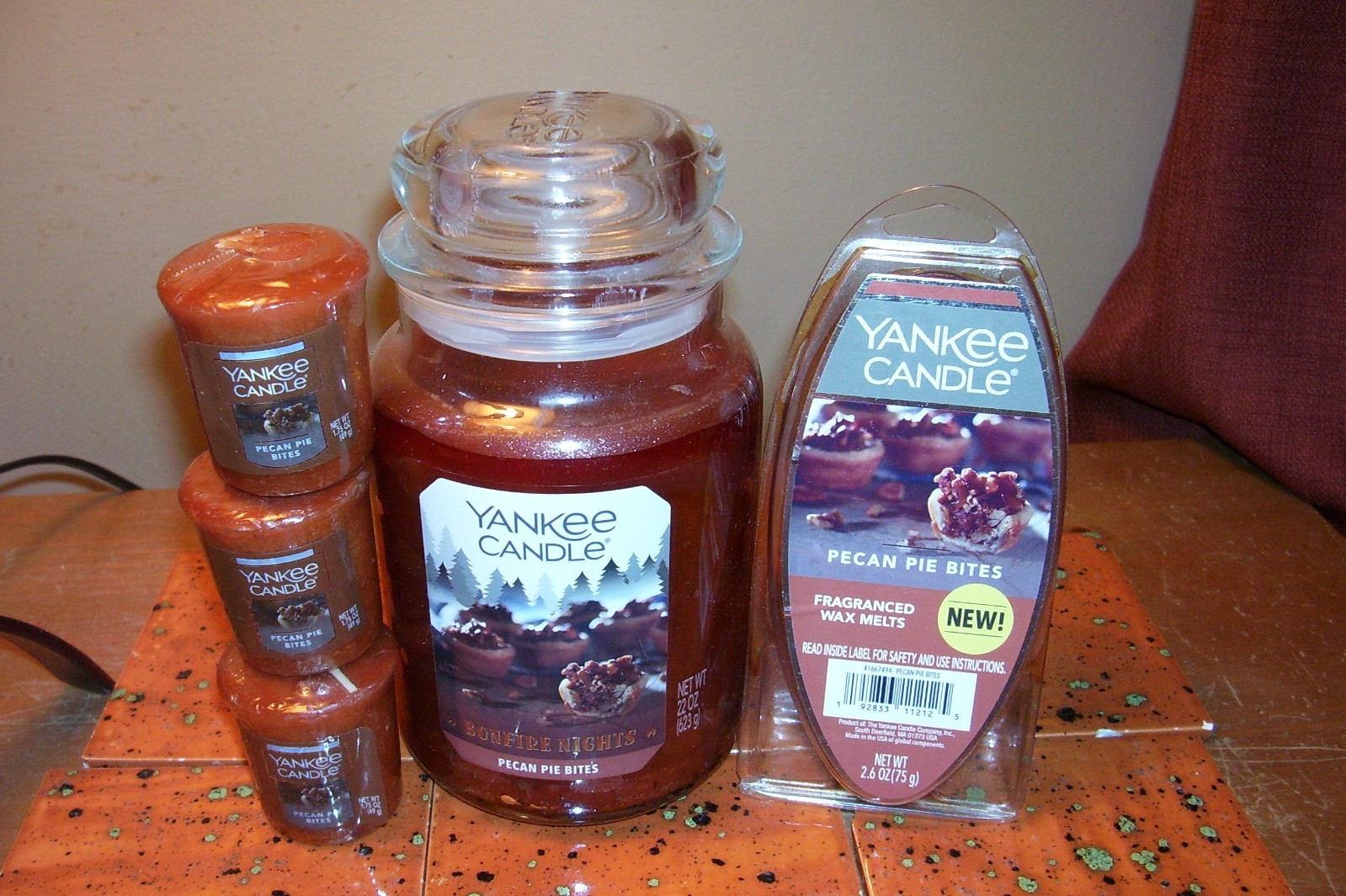 yankee candle 22oz JAR PECAN PIE BITES + PKG WAX MELTS + 3 VOTIVES
