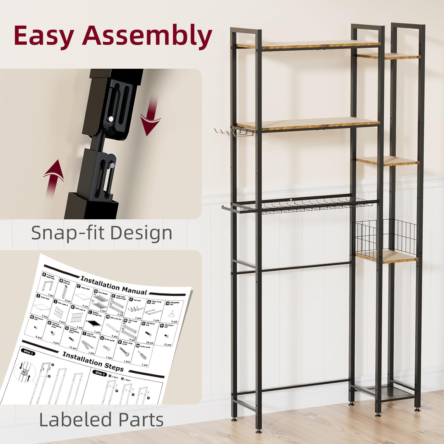 7-Tier Over Toilet Storage Organizer with Wooden Shelf & Side Rack