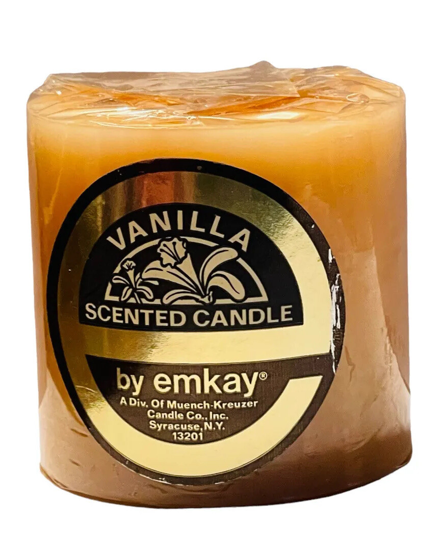 EMKAY CANDLE VANILLA PILLAR VTG NOS 3 X 3” MUENCH KREUZER RARE SOLID COLOR SCENT