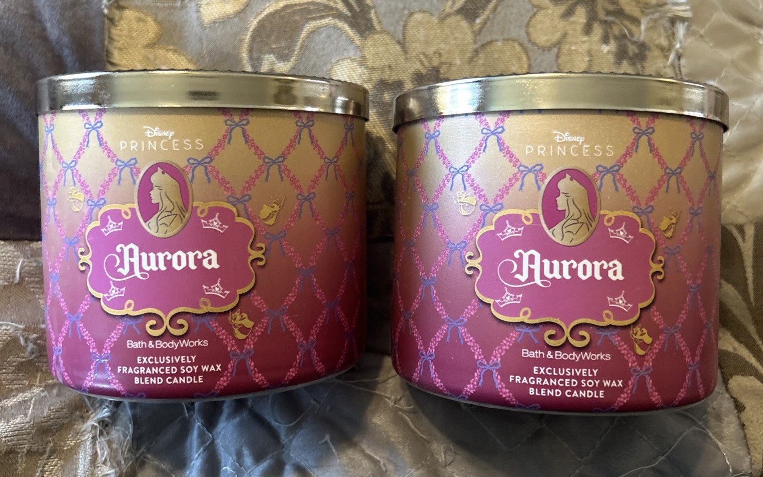 2 Bath & Body Works DISNEY PRINCESS AURORA 3 Wick Scented Candles NEW