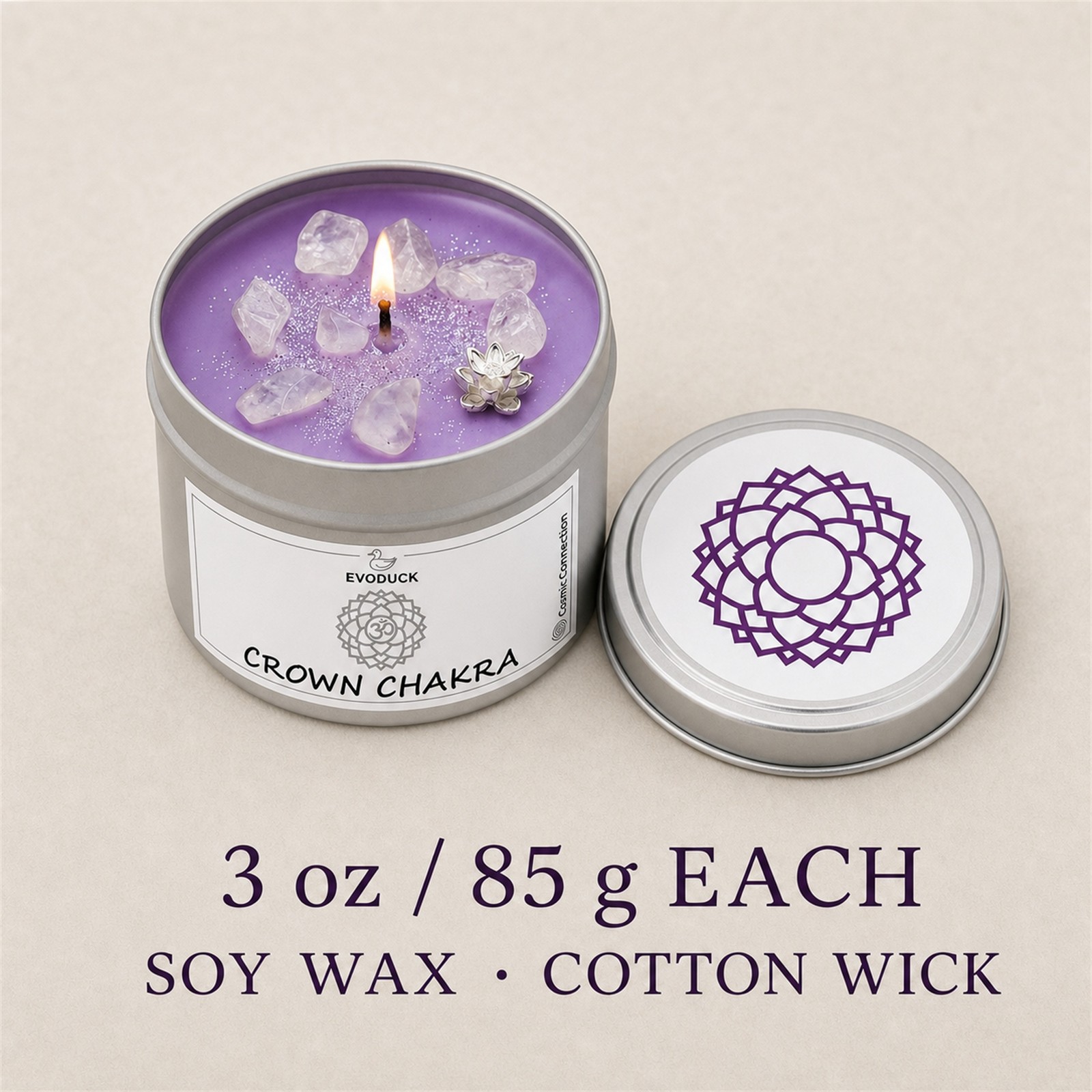 2-Pack EVODUCK Crown Chakra Healing Candles, Clear Quartz, Purification, 3 oz