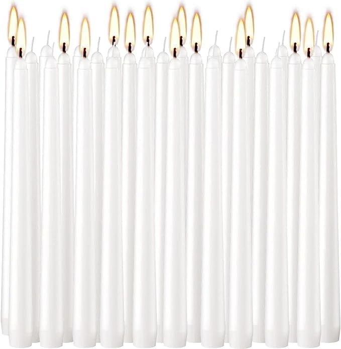 30 Pack 10 Inch White Unscented Taper Candles 8 Hour Long Burning Dripless