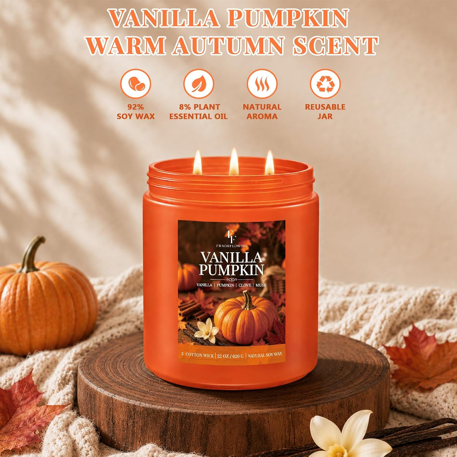 Large Fall Candle Vanilla Pumpkin Scented, 3-Wick 22Oz Long Lasting | Soy Wax