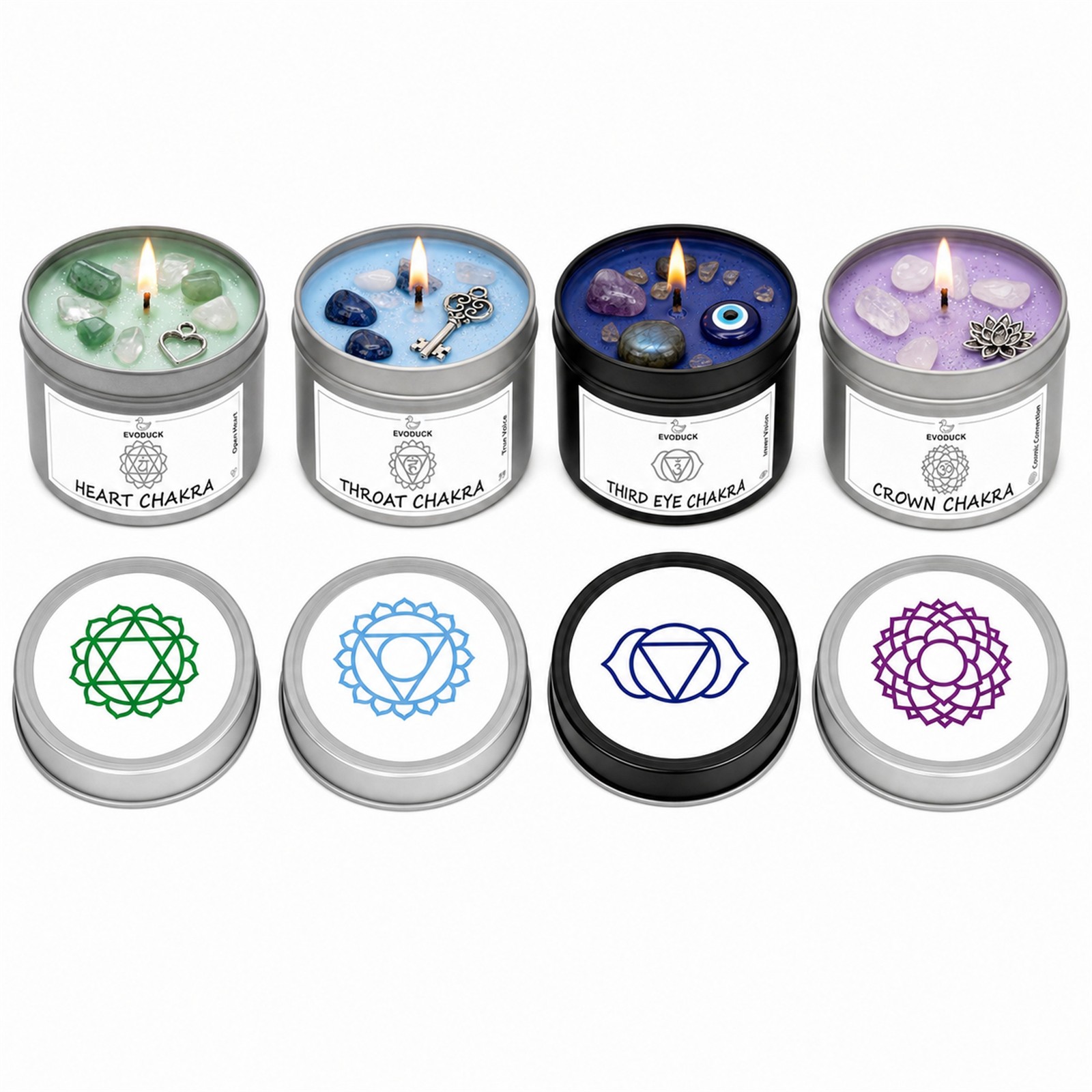 4-Piece EVODUCK Upper Chakra Healing Candle Set, Crystals, Meditation