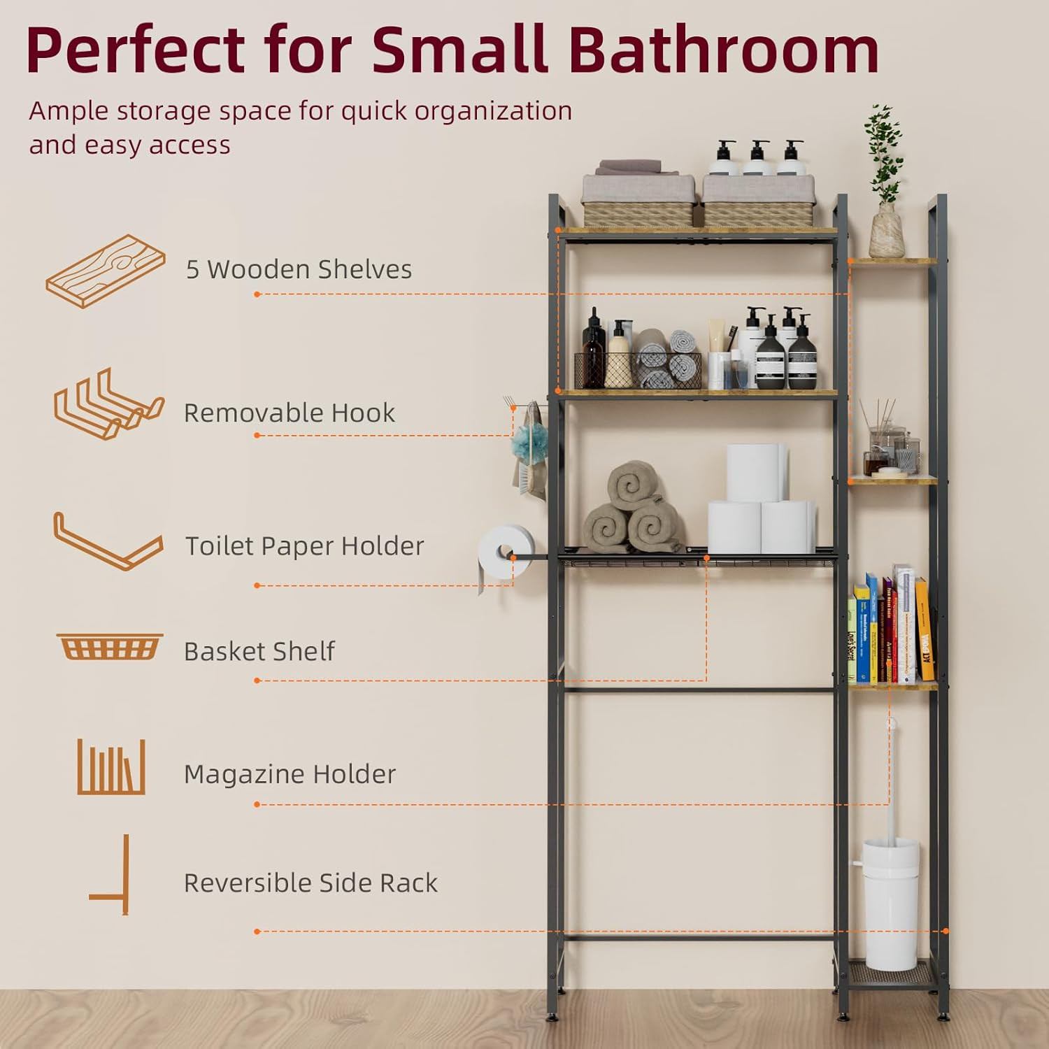 7-Tier Over Toilet Storage Organizer with Wooden Shelf & Side Rack