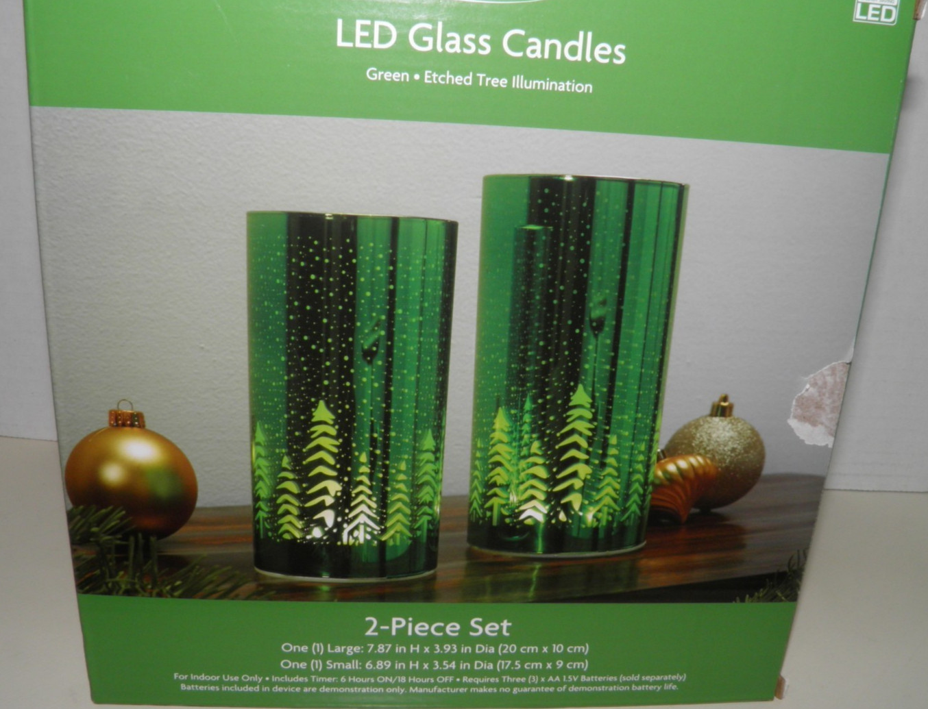 Holiday Home LED Glass Candles Green Etched Tree Illumination 2 Piece With Box