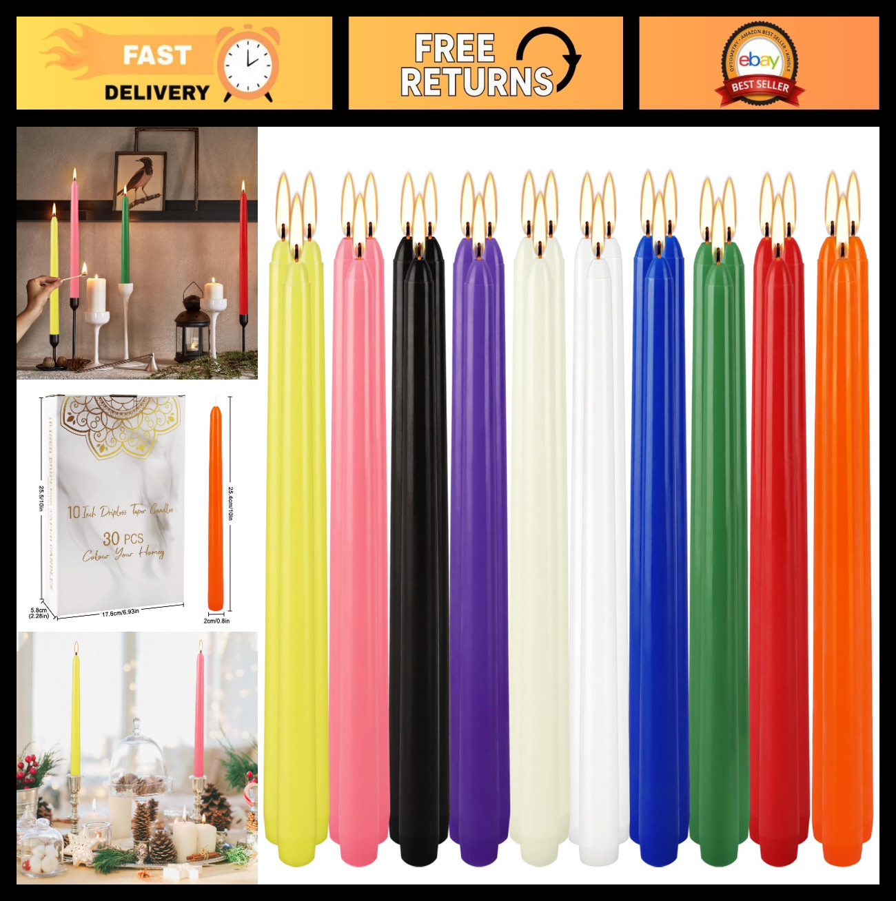 30 Pack 10″ Assorted Color Taper Candles – Unscented, Dripless for Rituals, Alta