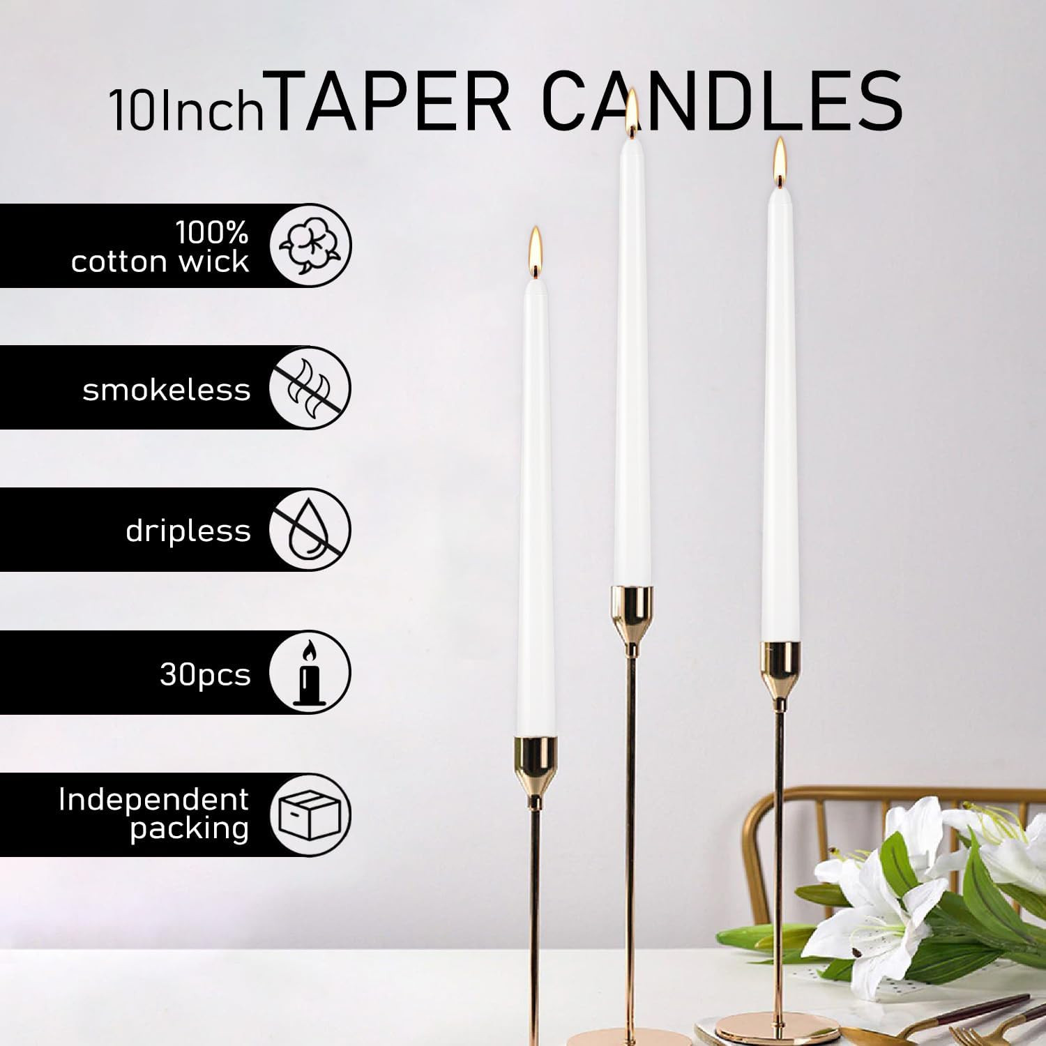 30 Pack of 10 Inch White Unscented Taper Candles-8 Hour Long Burning Dripless