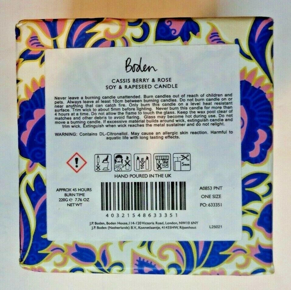 Boden Cassis Berry & Rose Soy & Rapeseed Candle Eco Friendly Luxury Scented New
