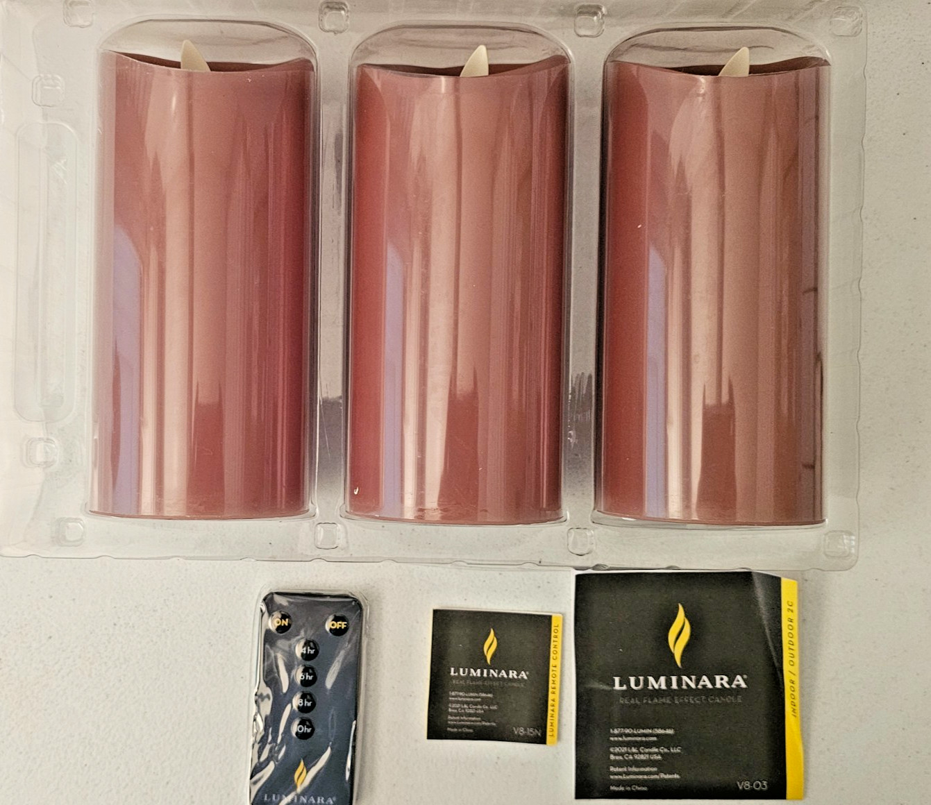 3 Pillar Candle Set Luminara 360 Degree Dusty Rose Colored Remote Ctrl 3″ X 7″