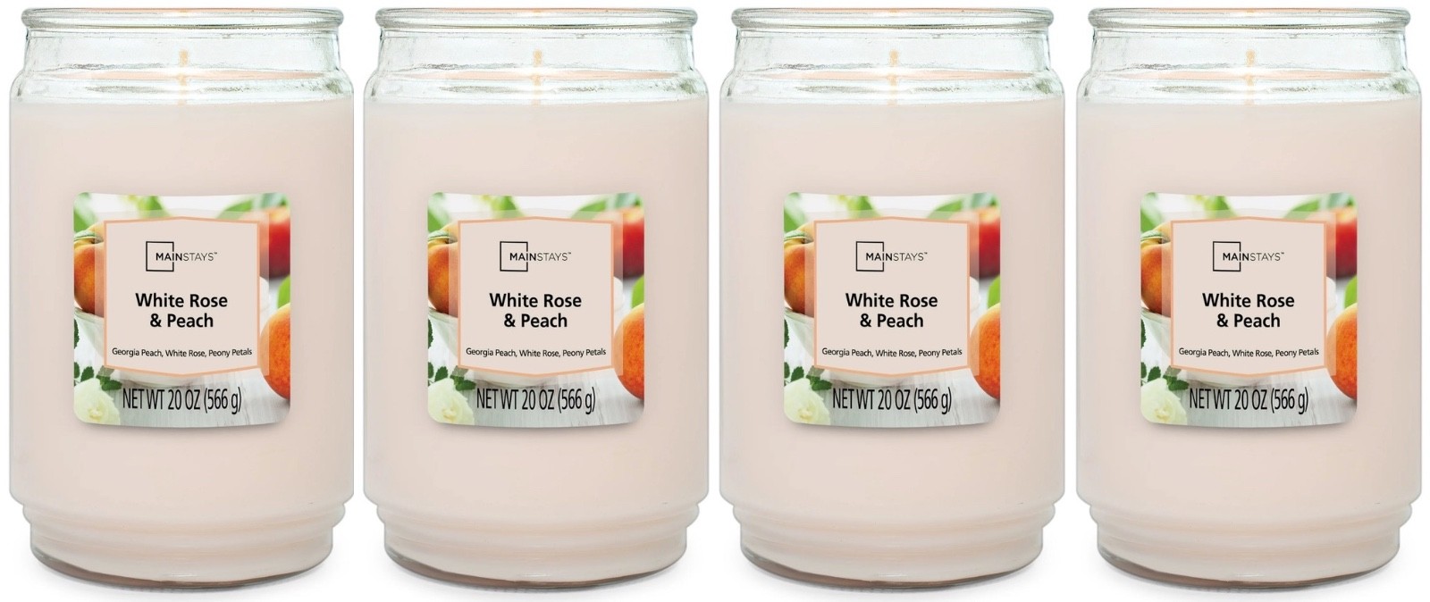4 Mainstays WHITE ROSE & PEACH Large 1-Wick Tall Scented Candle 20oz