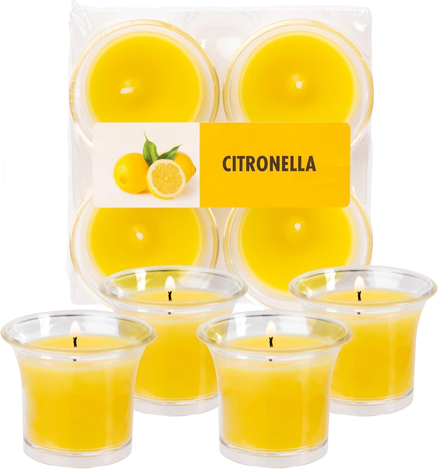 12 Hour Citronella Votive Candles – Clear Cup Design – 4 Pack – Art Deco Style