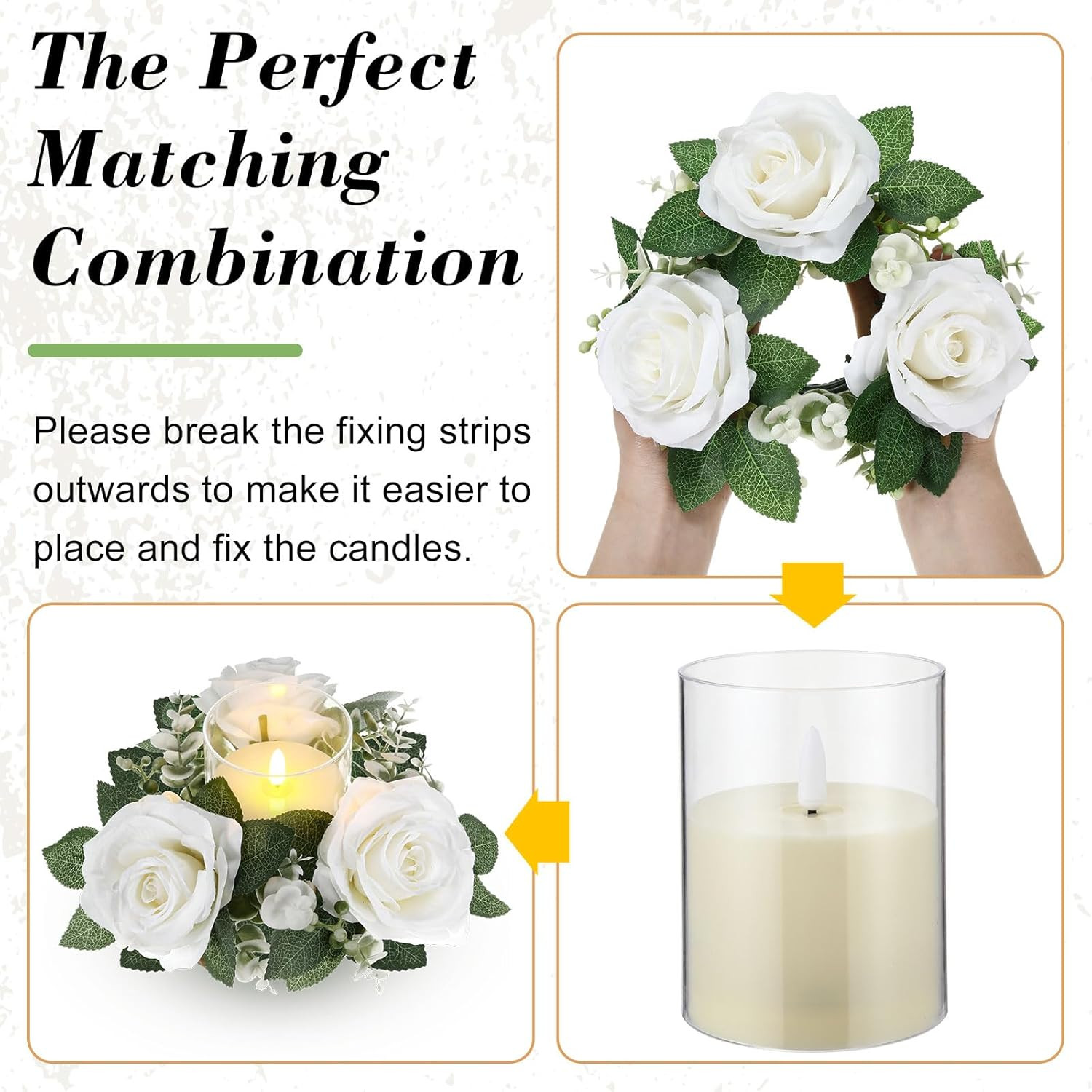 20 Pcs White Rose Candle Rings with Flameless Candles for Weddings & Events