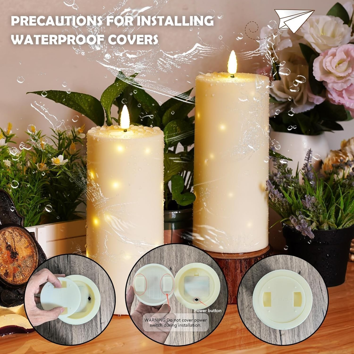 Cordless Outdoor Pillar Candles with Timer and Star String Lights Included