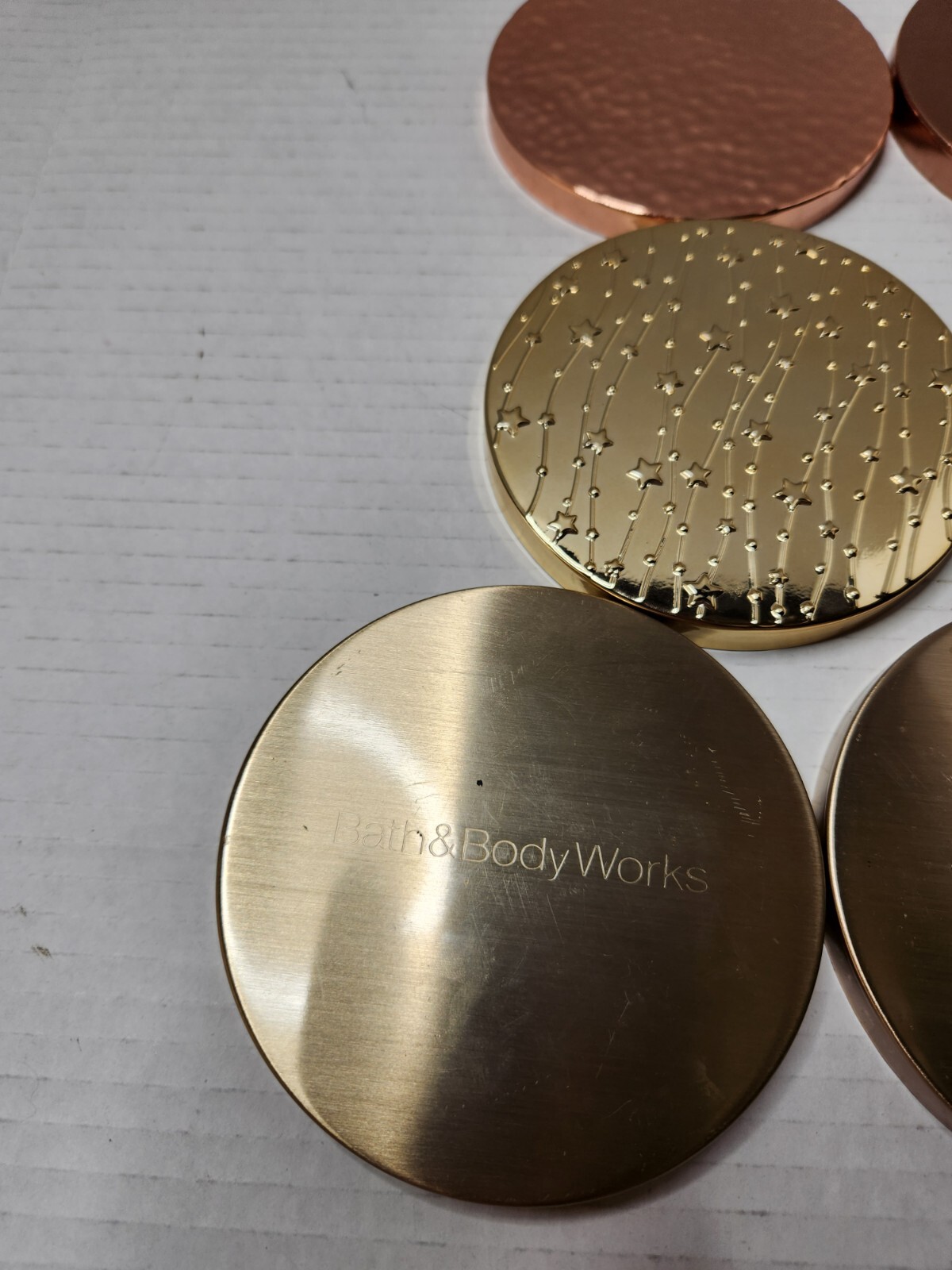 Bath & Body Works 3 Wick Candle Lids White Rose Gold Hammered Copper Metal Star
