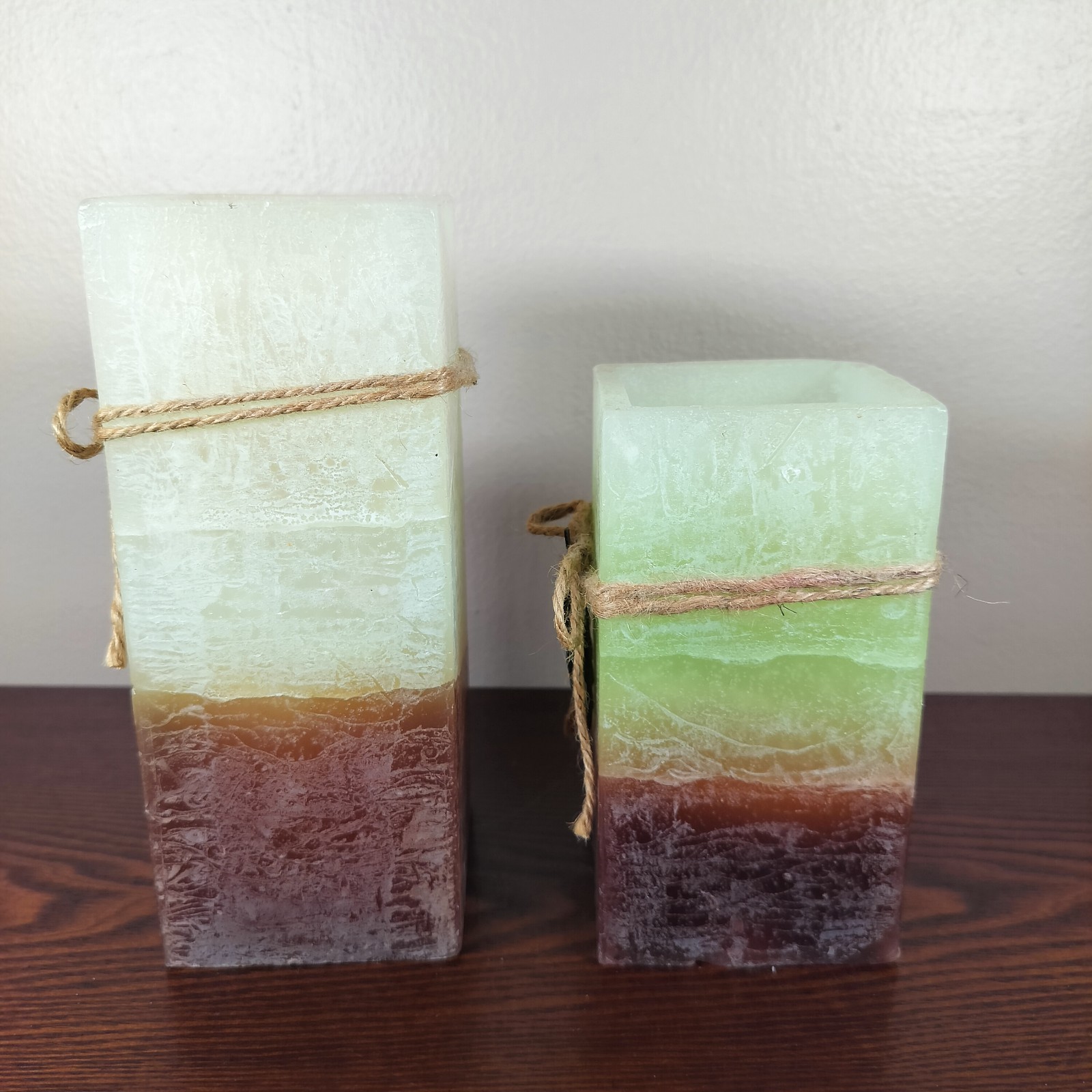 Flameless Candle Set of 2 Leaf Accent 7.5in & 6in Brown Green Cream Battery