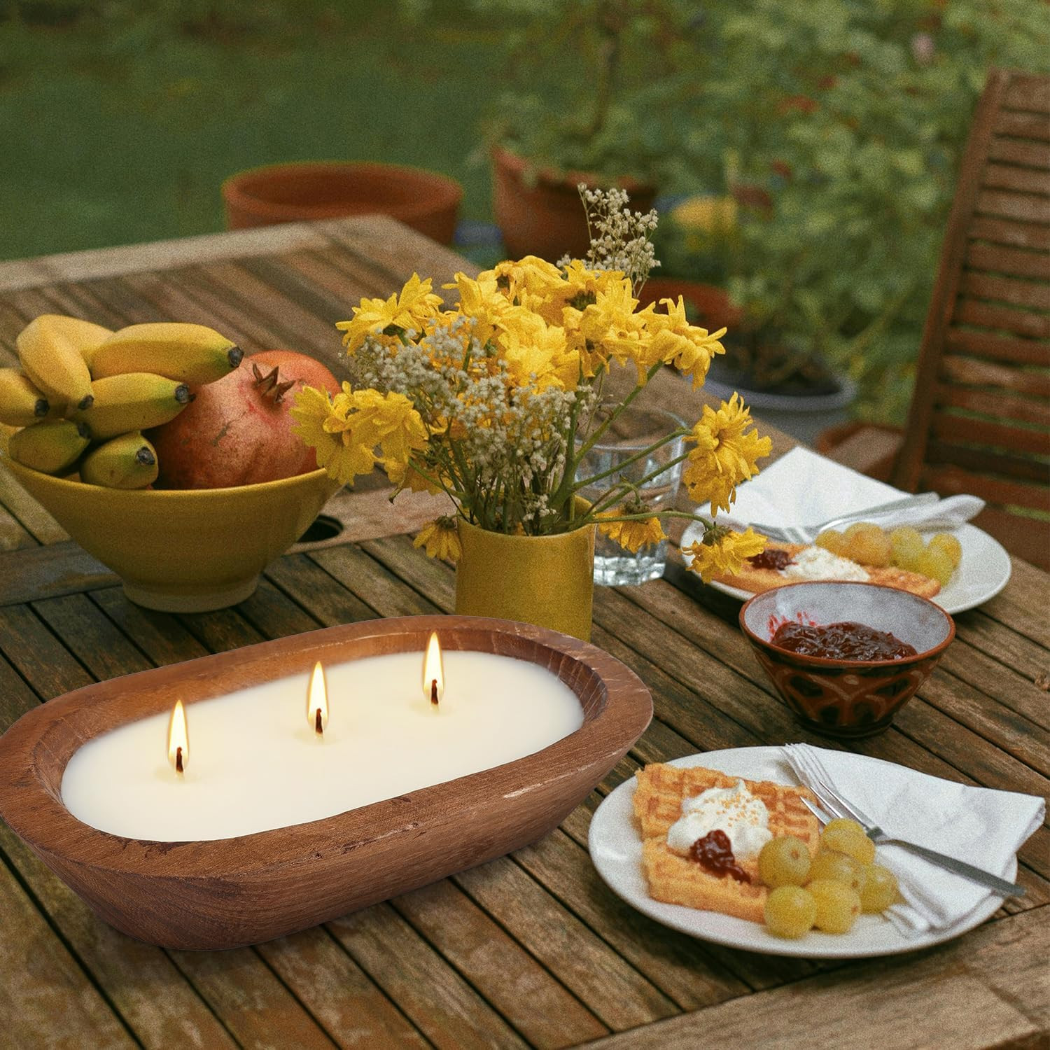 Citronella Scented 3-Wick Candle Oval Wood Bowl Candle, Clean Burning