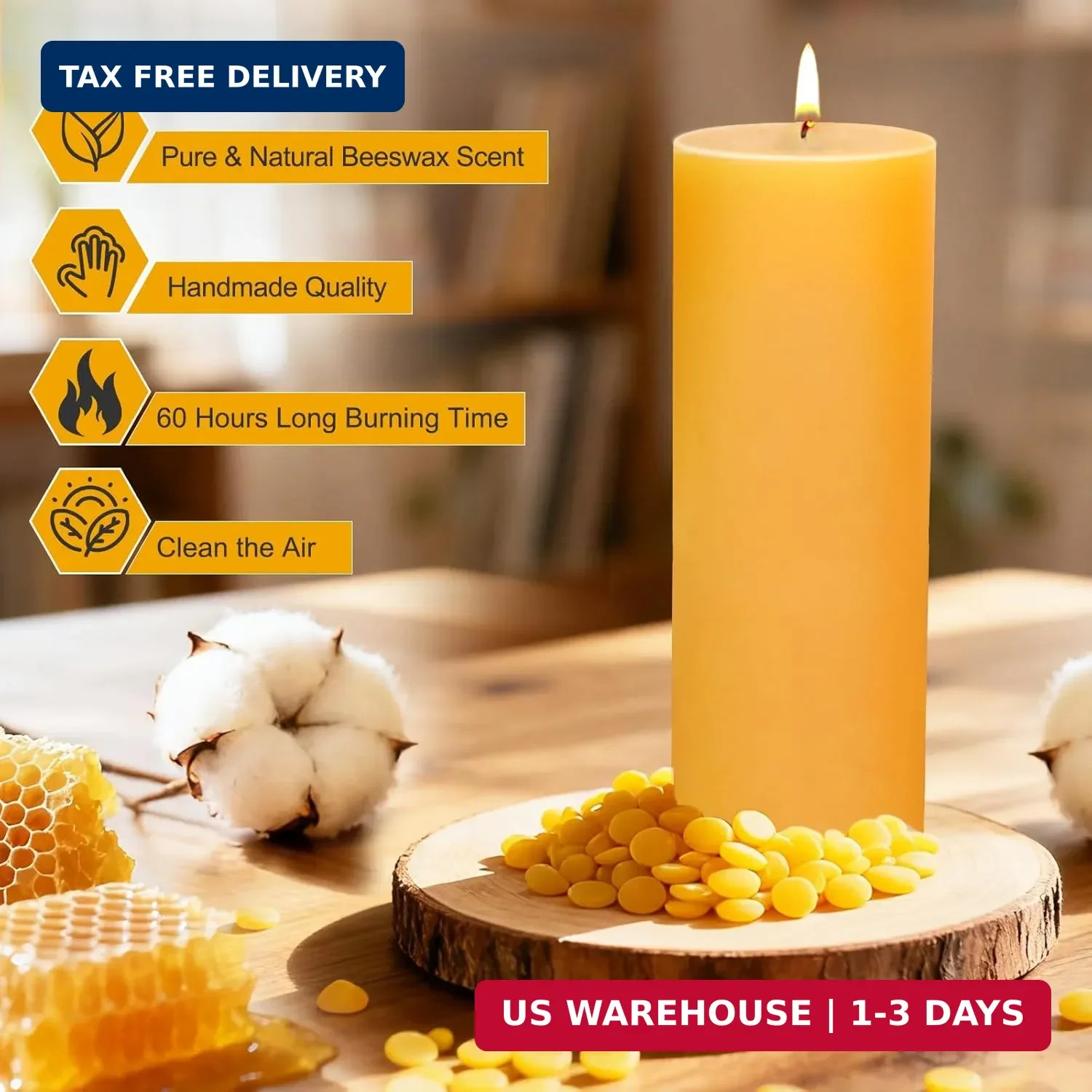 3 Pack Natural Beeswax Pillar Candles,2x6in Large Pure Beeswax Candles-180 Hours