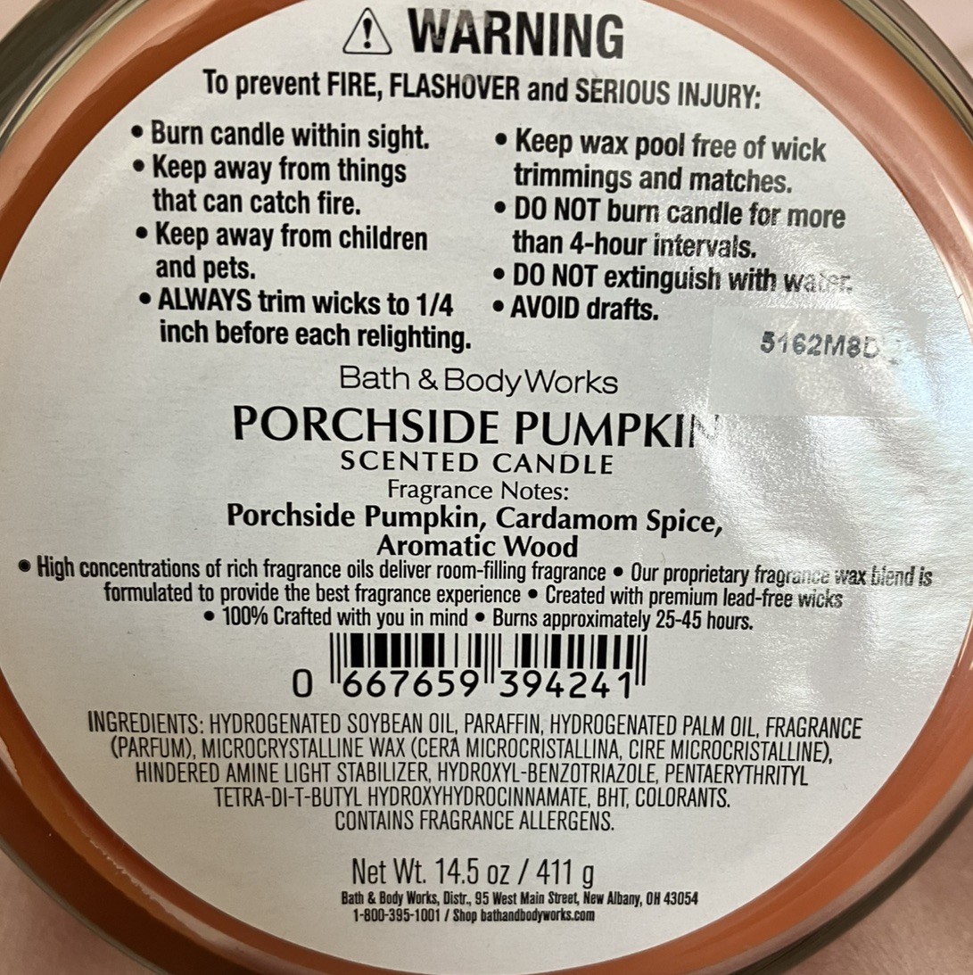 Bath & Body Works PORCHSIDE PUMPKIN Scented 3 Wick CANDLE 25-45 Hrs
