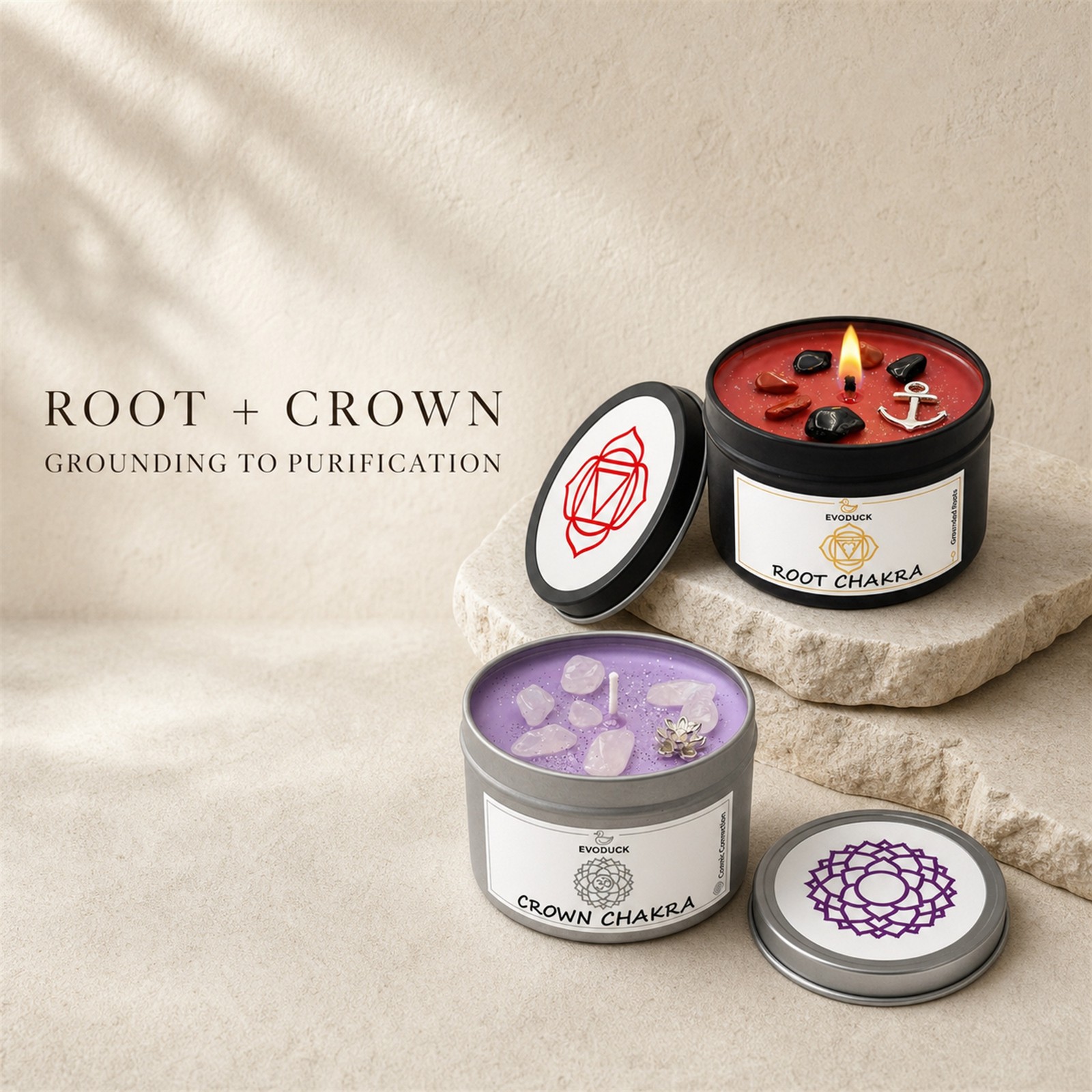 2-Piece EVODUCK Root & Crown Chakra Candles, Crystals, Positive Energy