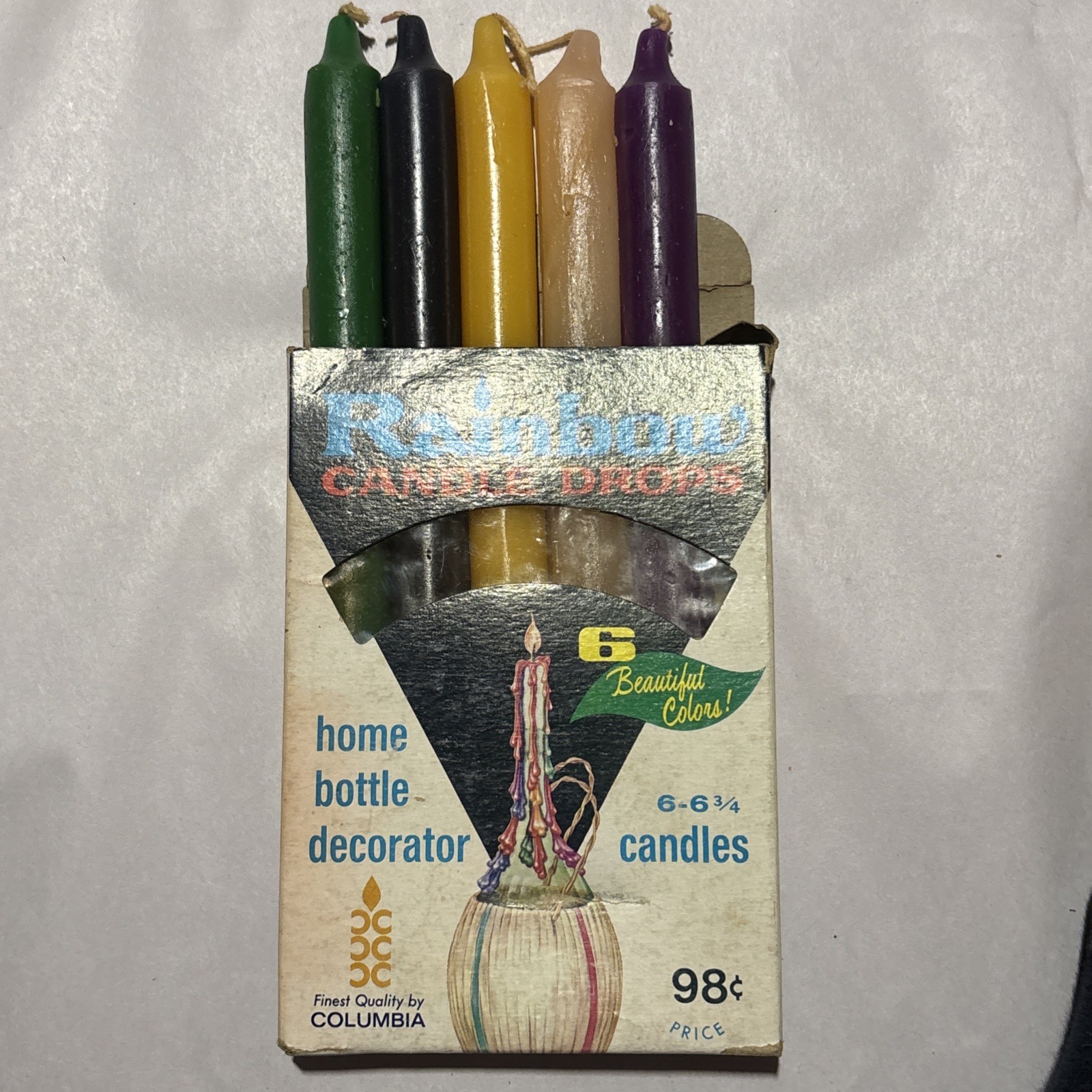 Rainbow Candle Drops Drip Bottle Decorator Set Of 5 6”Candles Columbia Vintage.