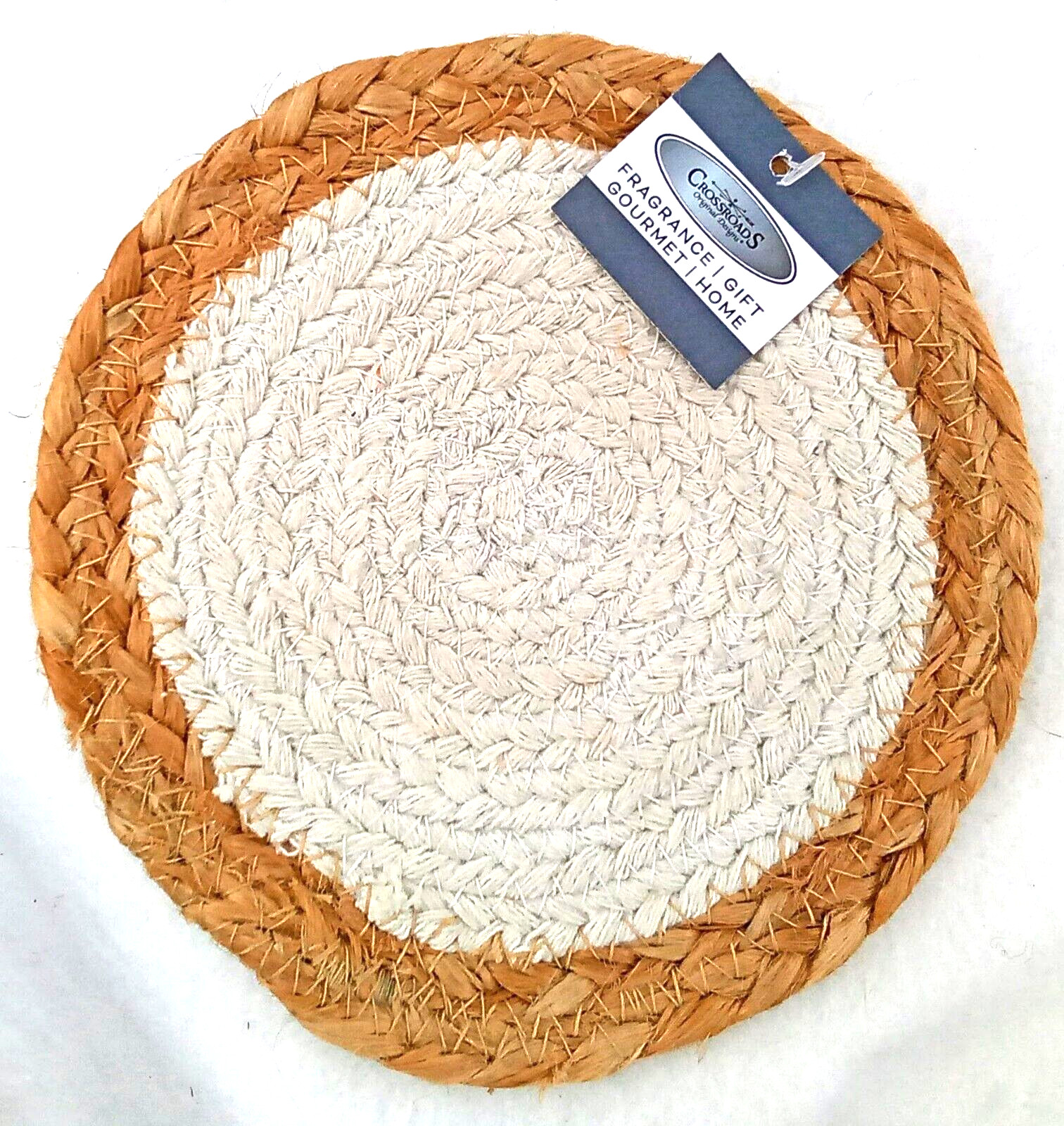 Jute Candle Mat Pad White Cotton Fabric Crossroads Round India Tan Stitched 6.5″