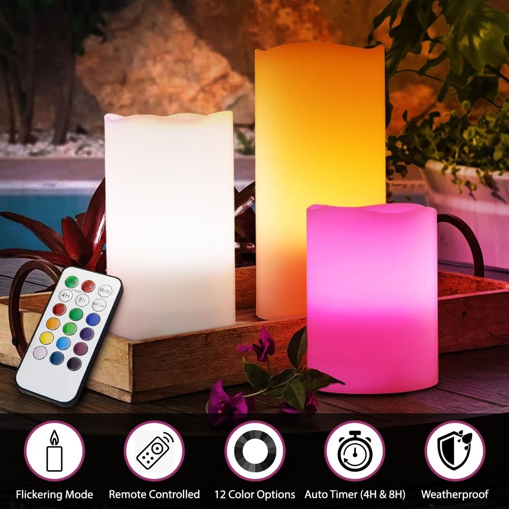 Set of 3 LED Multi-Color Changing Real Wax Ivory Pillar Candles (4”, 5”, 6”) …