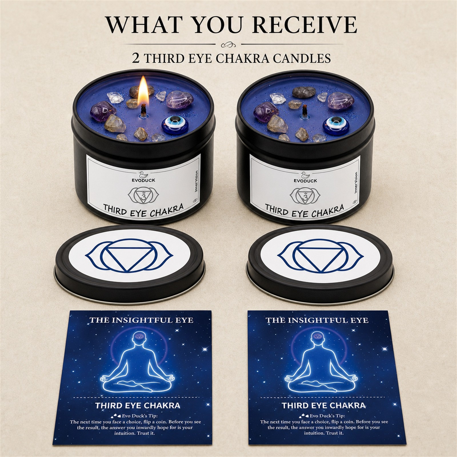 2-Pack EVODUCK Third Eye Chakra Healing Candles, Crystals, Meditation, 3 oz