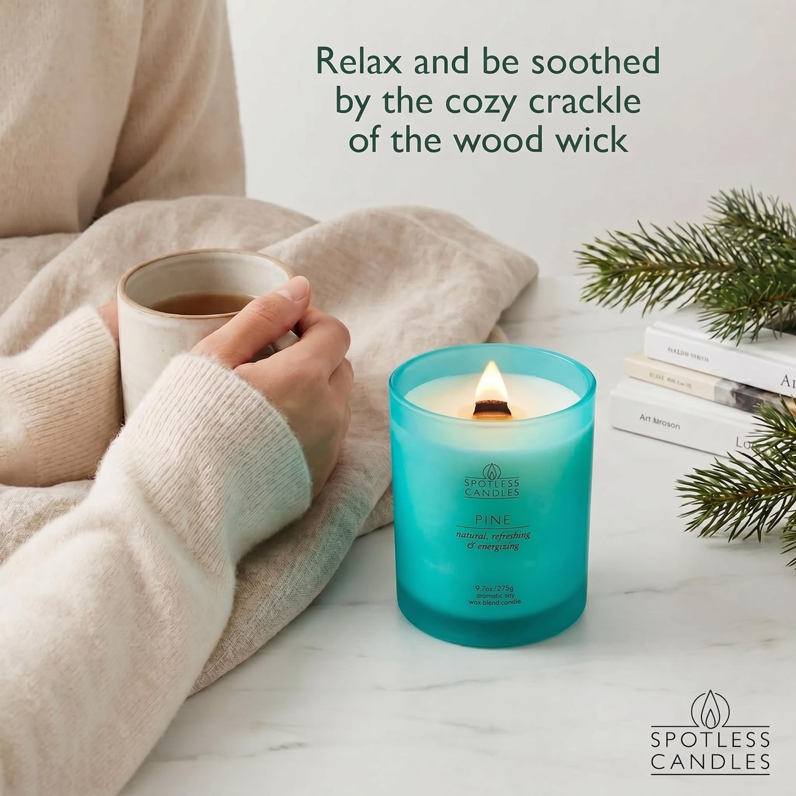 Pine Candle; 9.7 oz: 55 Hrs Burn Time, Soy Wax Teal Frosted Jar with Cracklin…