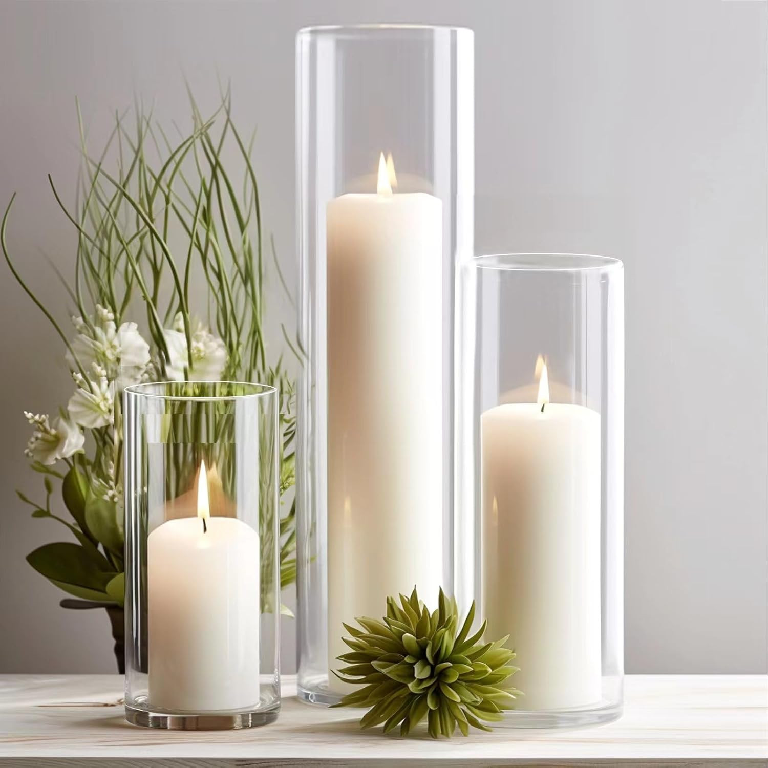 12-Pack White Pillar Candles with Clear Hurricane Glass Vases – 3-Size Set for W