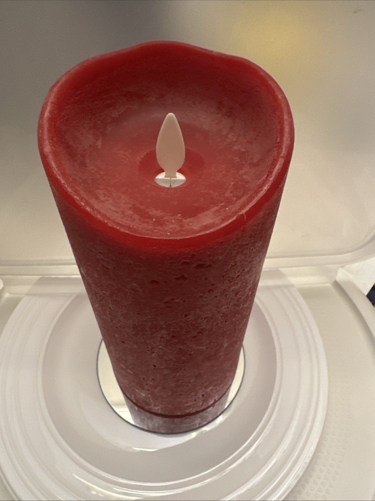 Bethlehem Lights Touch Candle Red 7” Tall Open Box With Mirror Tray Disc