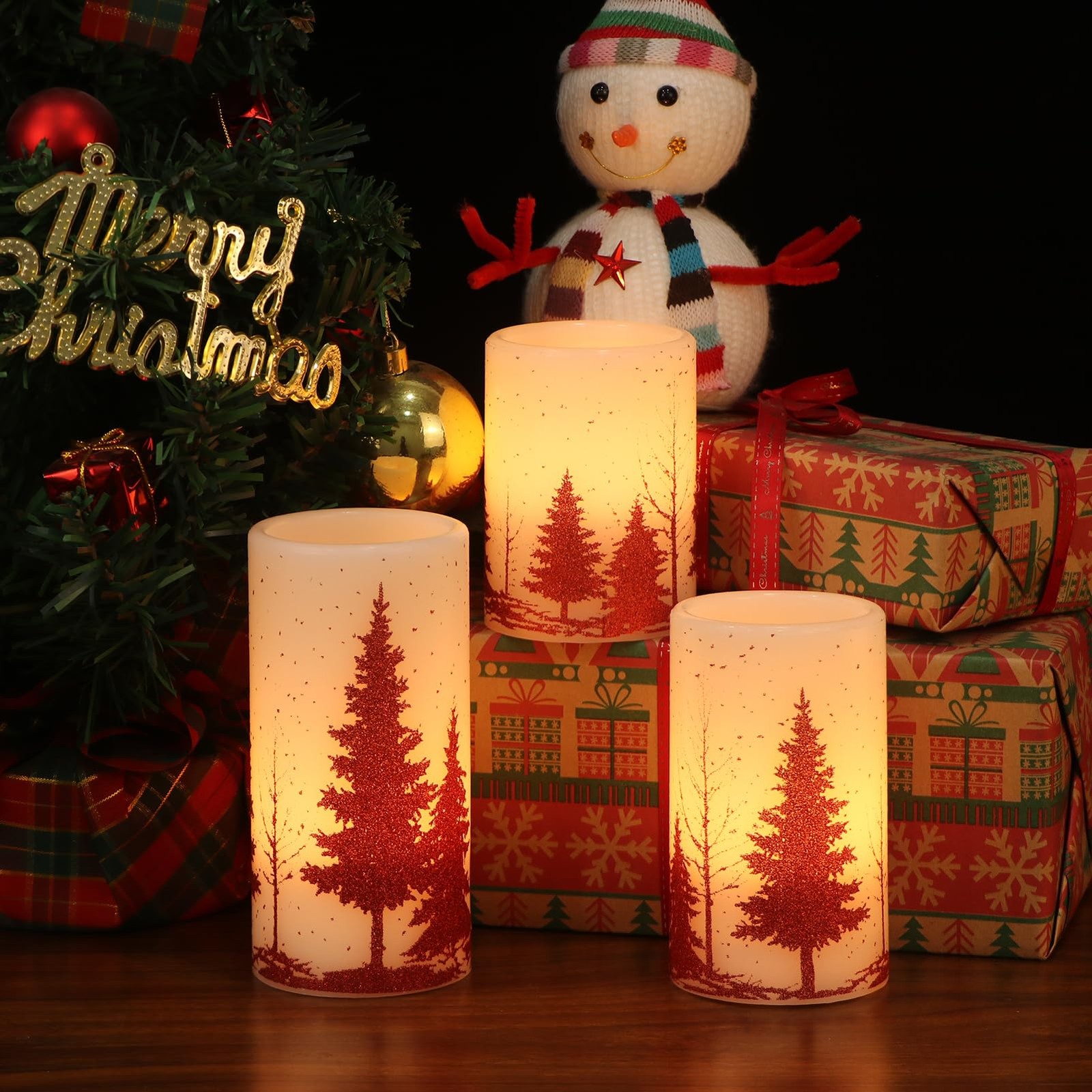 Flameless Candles 3 Pack 3×4/5/6 Inches Red Christmas Tree Decal – 6 Hour Timer