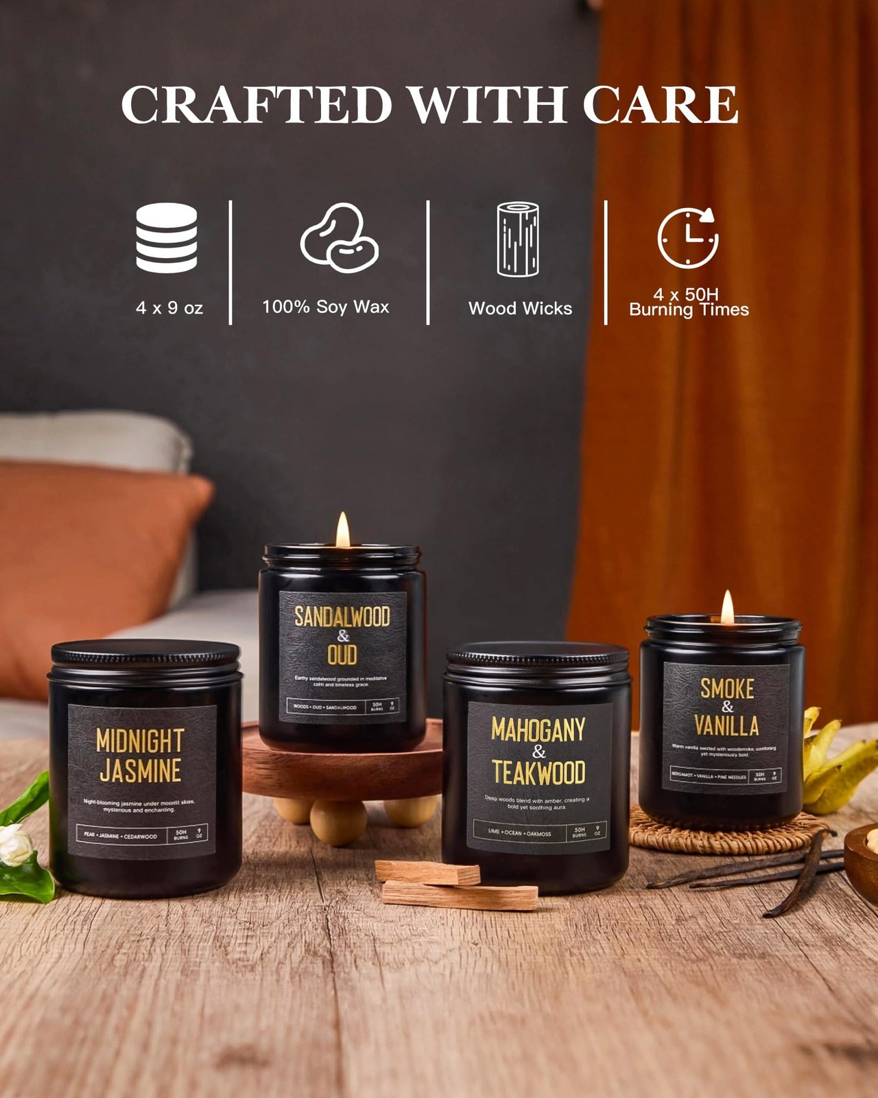Men’s Candle Gift Set, 4 Pack Crackling Wood Wick Soy Scented Candles, 36oz M