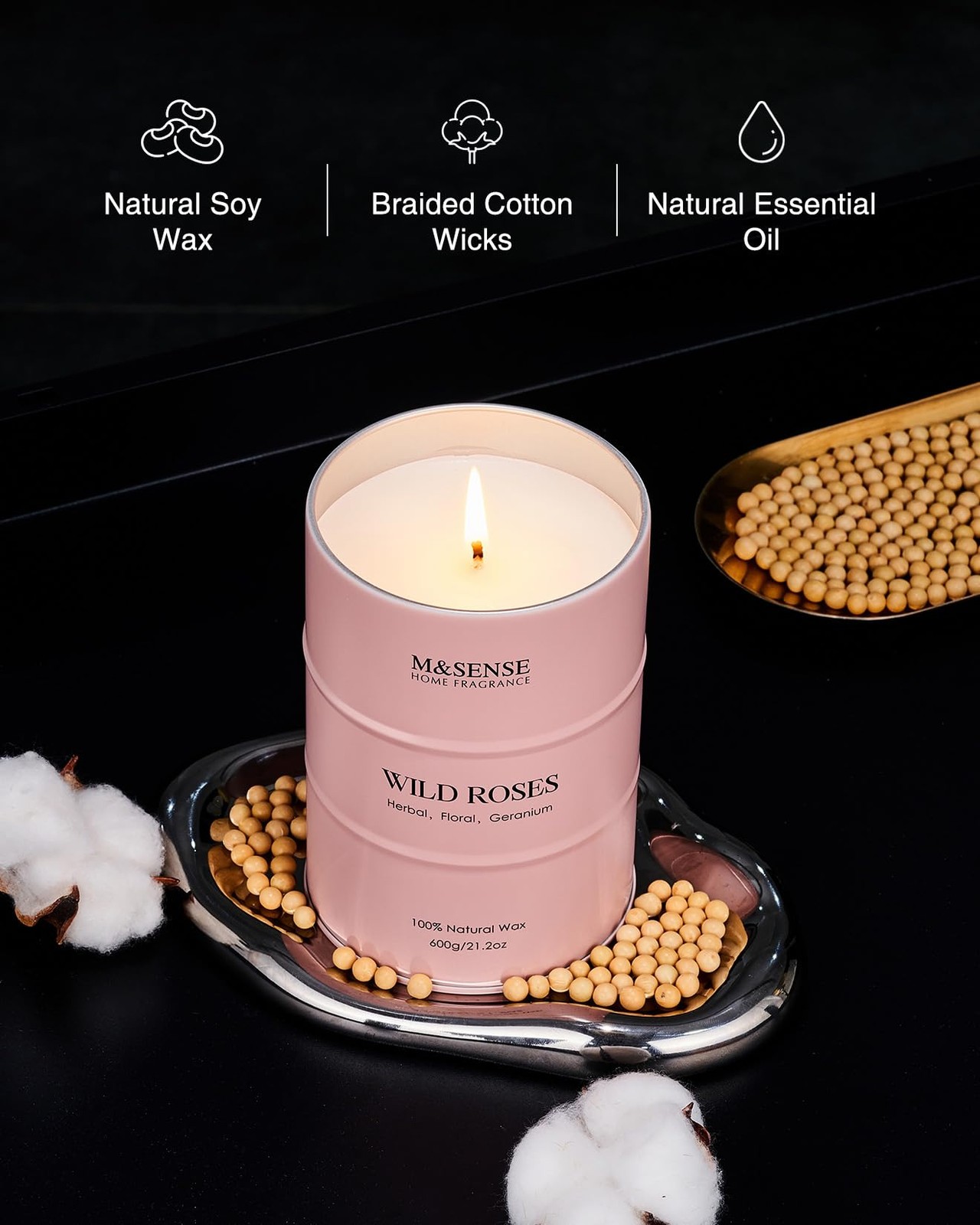 Wild Rose Large Natural Scented Candle, 120 Hours Long Lasting Soy Candles 21…
