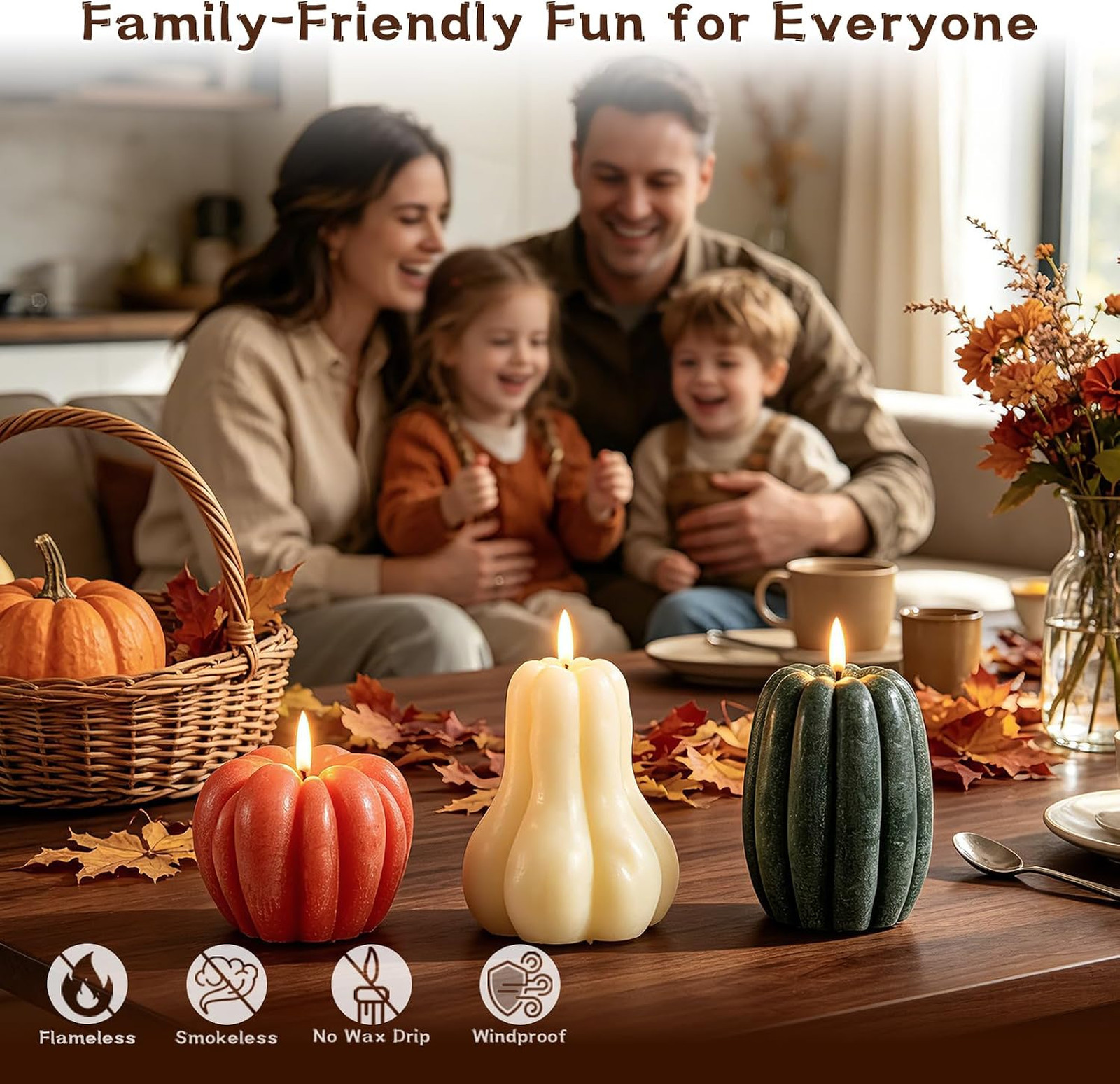 3 Pcs Fall Pumpkin Flameless Candles LED Battery Operated with Remote Real Wax